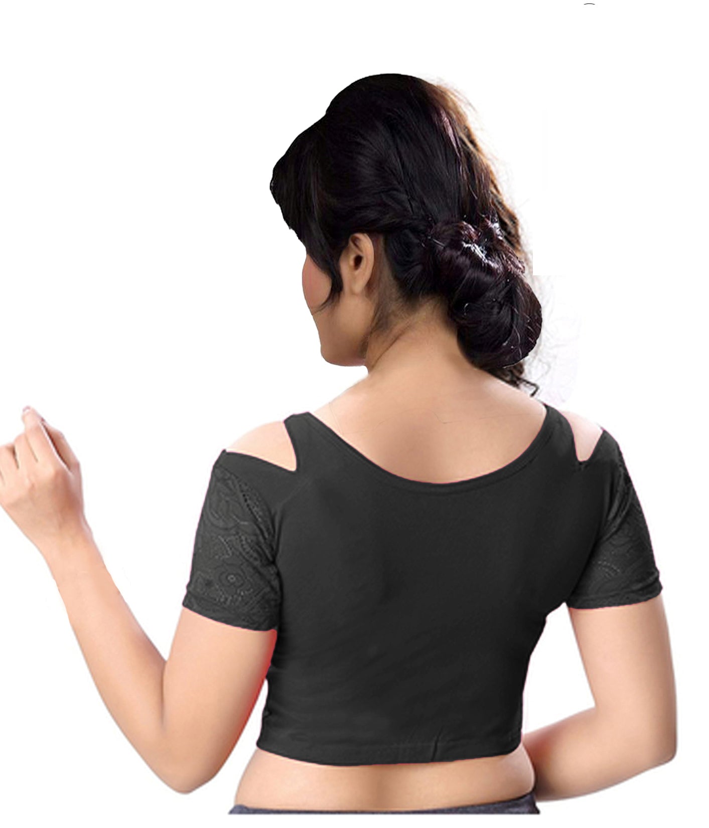 PU Fashion Cold Shoulder Stretchable Blouse – Front Zip & Net Sleeve Crop Top