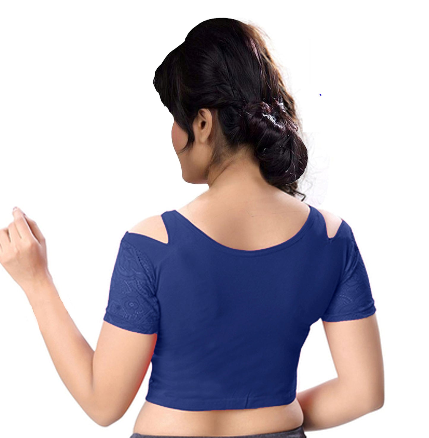 PU Fashion Cold Shoulder Stretchable Blouse – Front Zip & Net Sleeve Crop Top