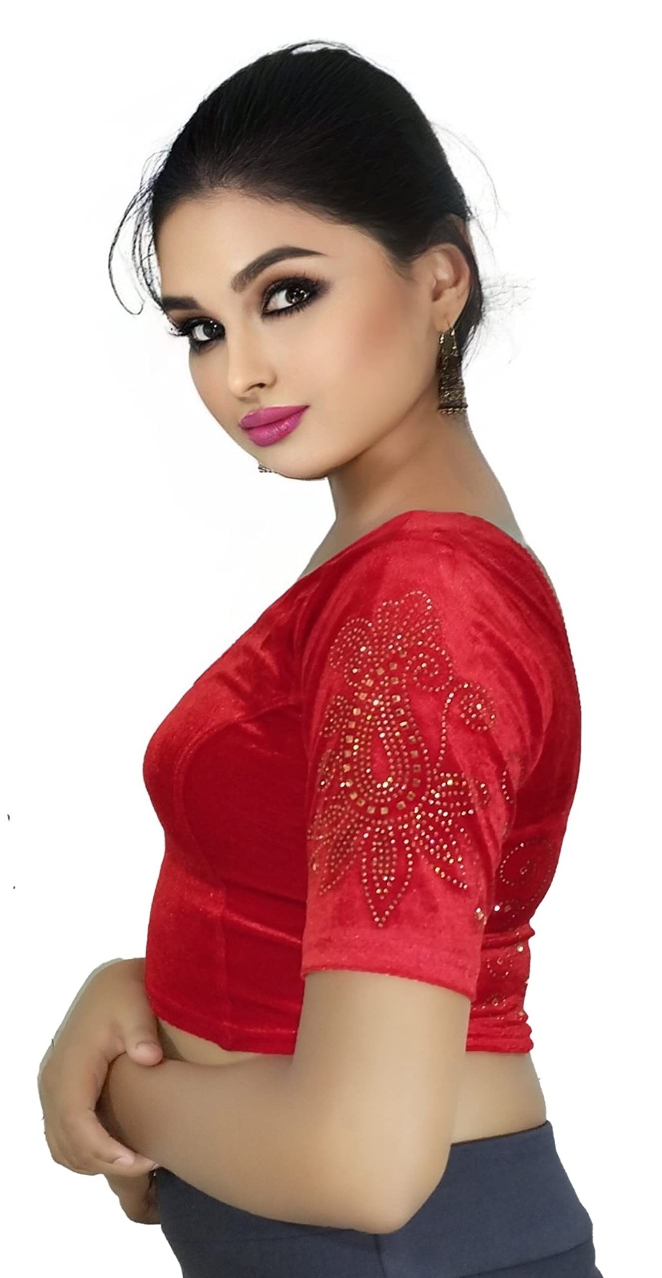 Soft Velvet Saree Blouse with Golden Diamond Stone Work