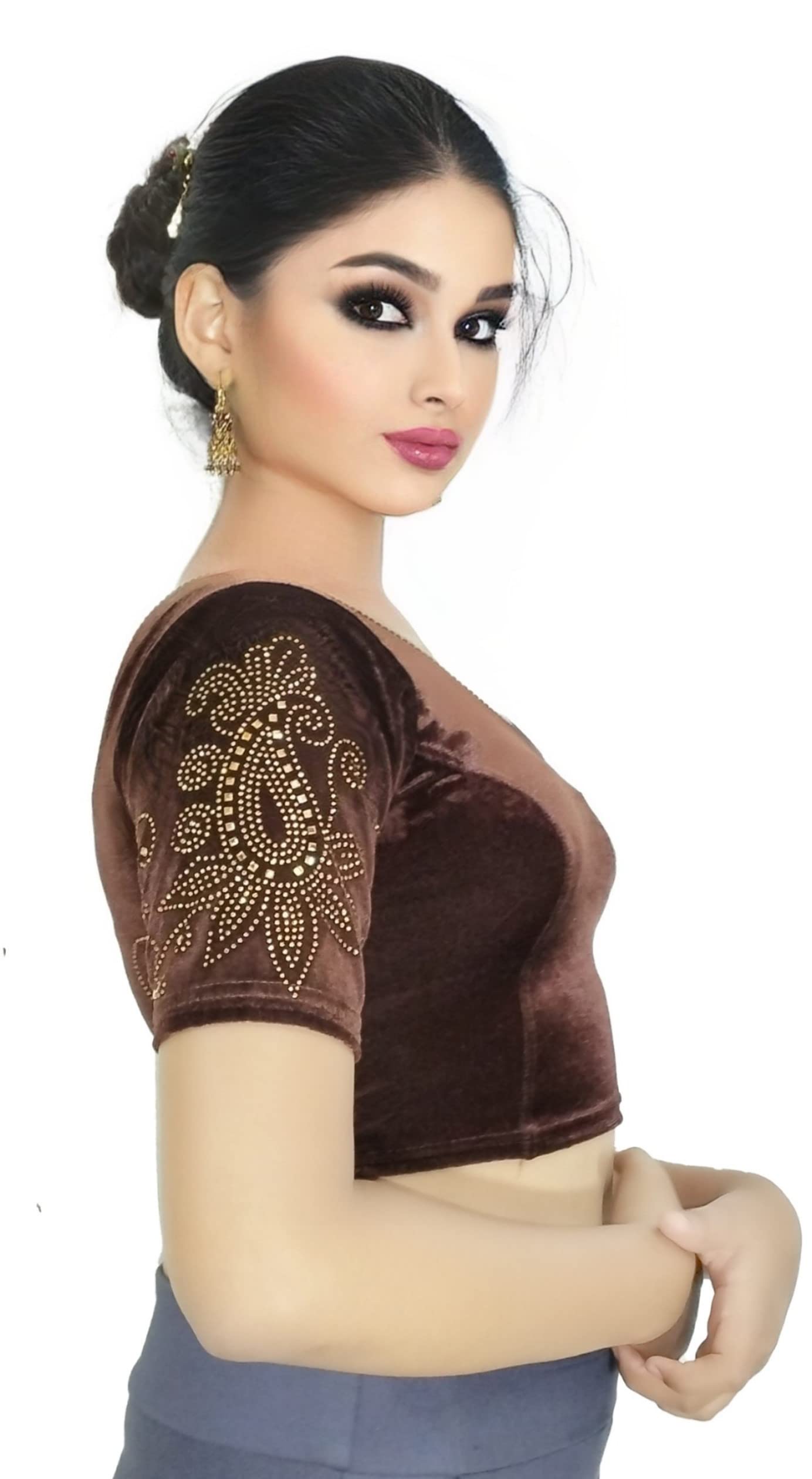 Soft Velvet Saree Blouse with Golden Diamond Stone Work