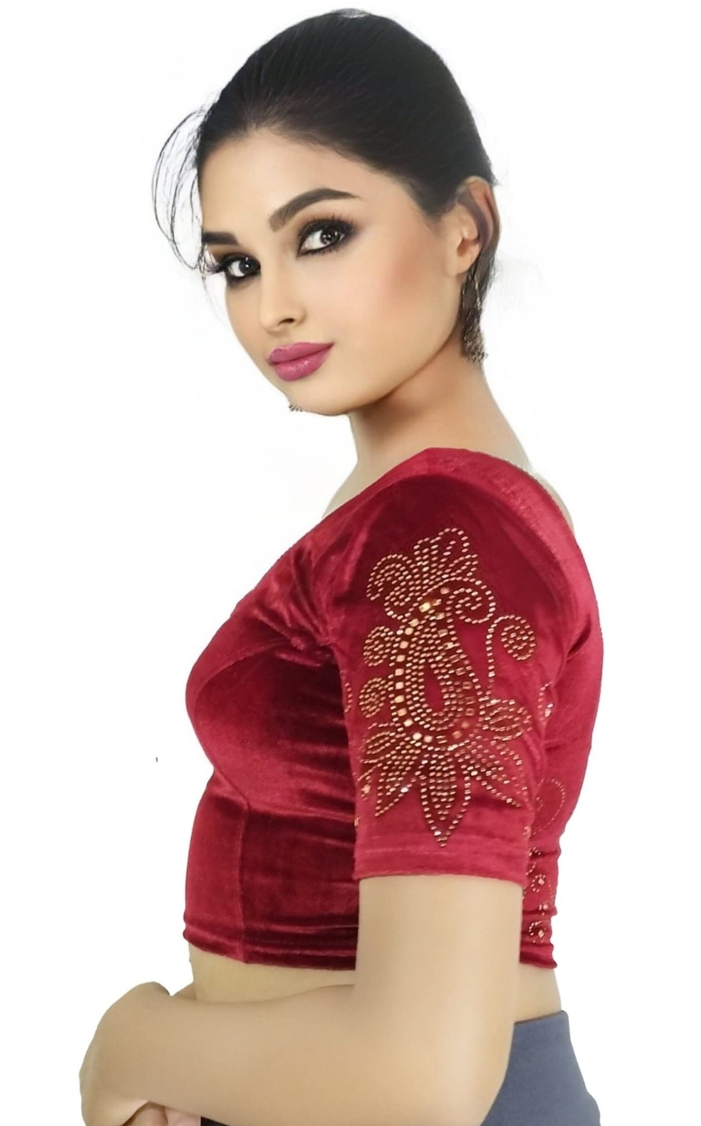 Soft Velvet Saree Blouse with Golden Diamond Stone Work