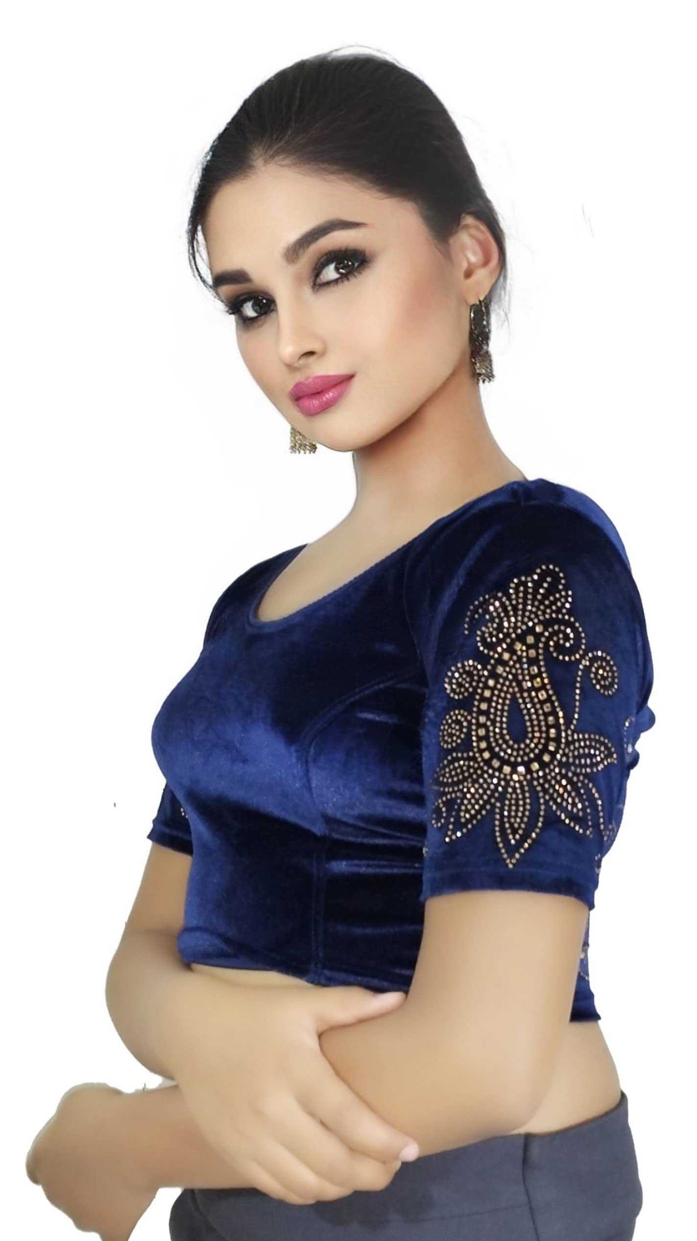 Soft Velvet Saree Blouse with Golden Diamond Stone Work