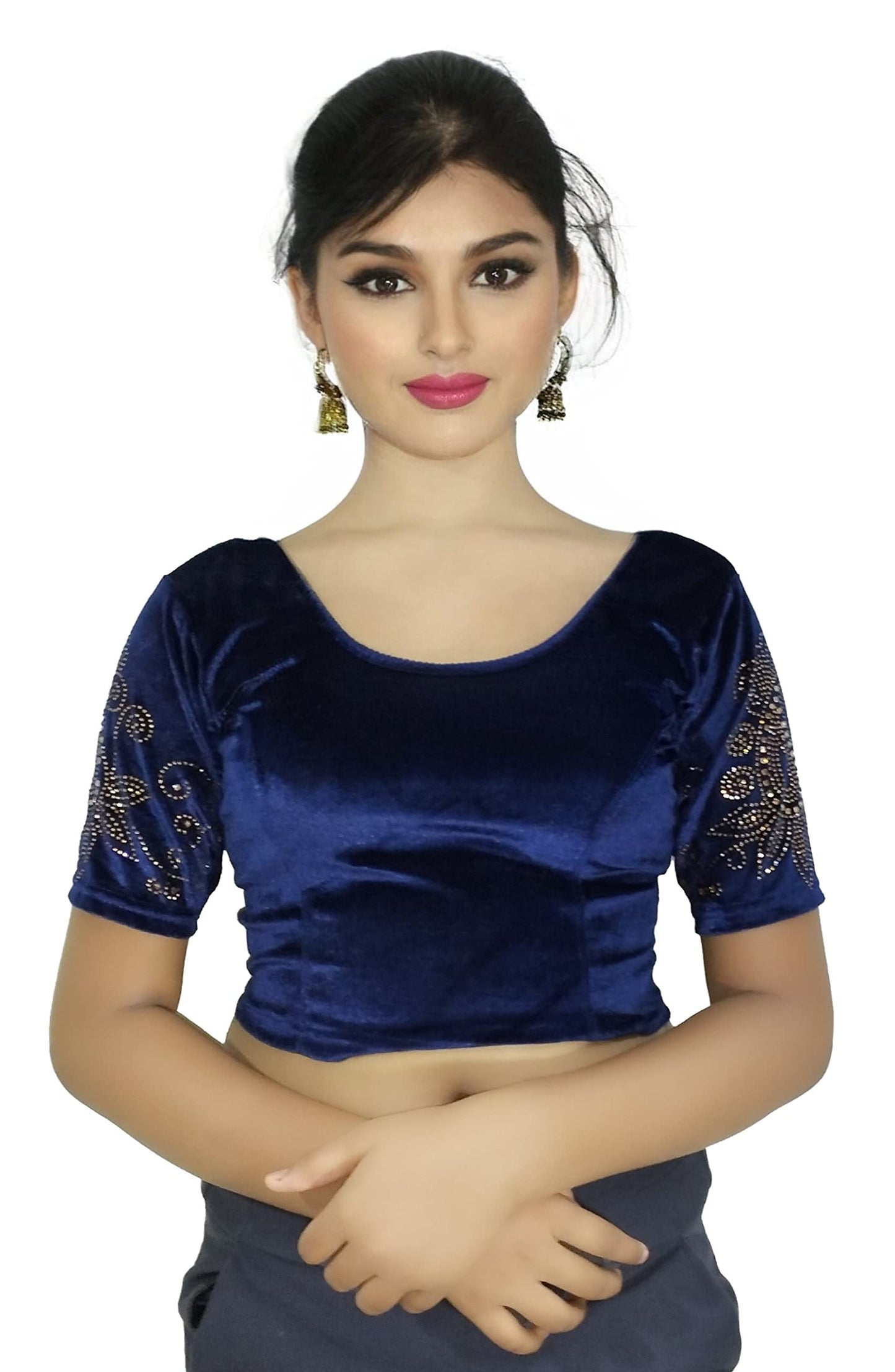 Soft Velvet Saree Blouse with Golden Diamond Stone Work