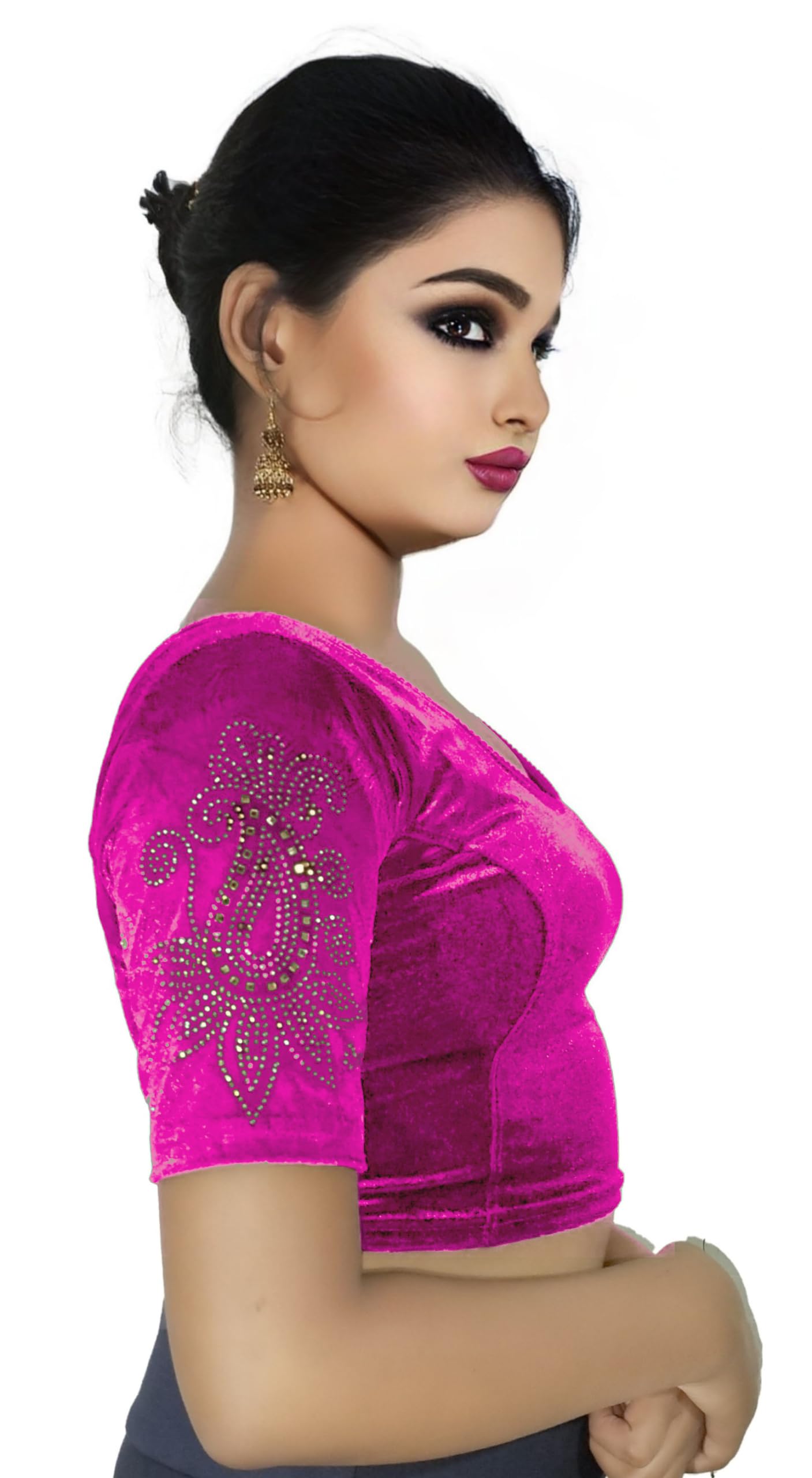 Soft Velvet Saree Blouse with Golden Diamond Stone Work