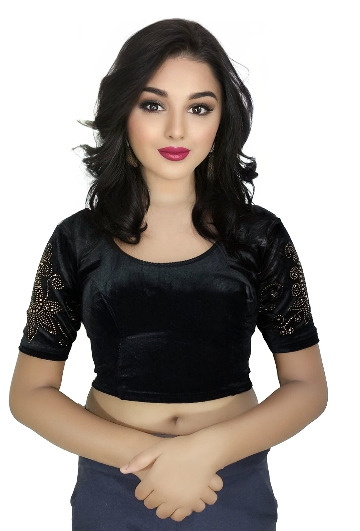 Soft Velvet Saree Blouse with Golden Diamond Stone Work