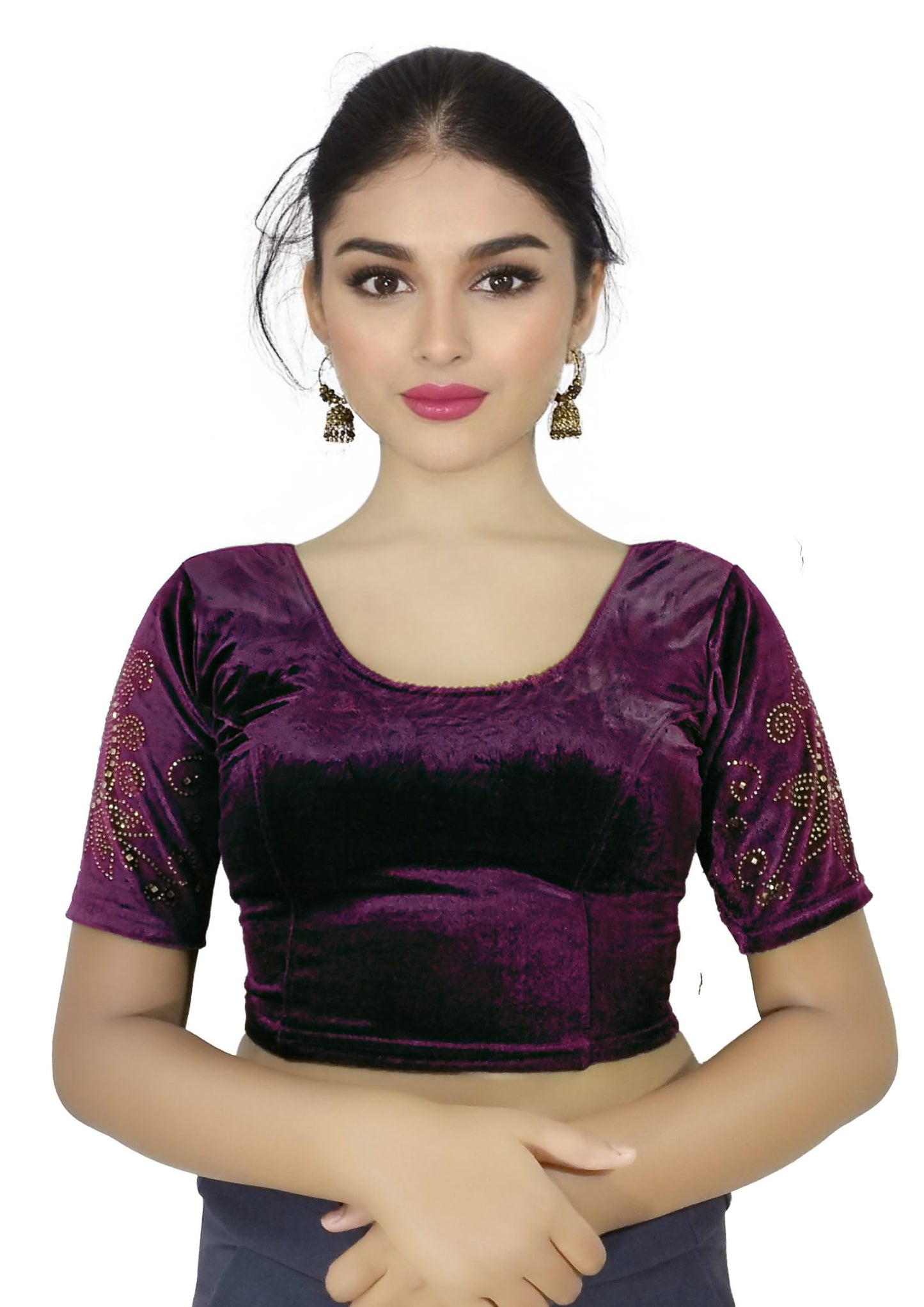 Soft Velvet Saree Blouse with Golden Diamond Stone Work