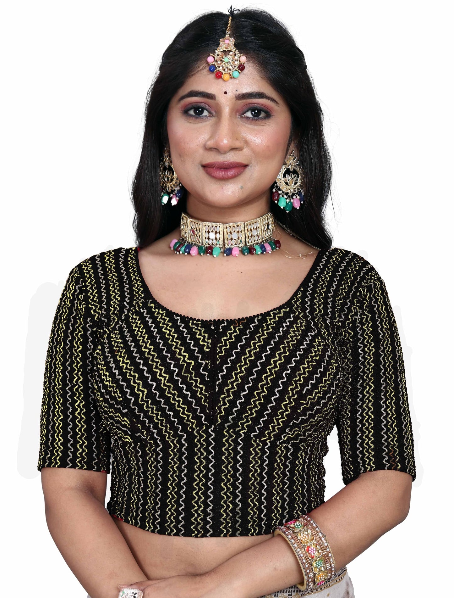 Saree Blouse with Golden Stone Work – Round Neck