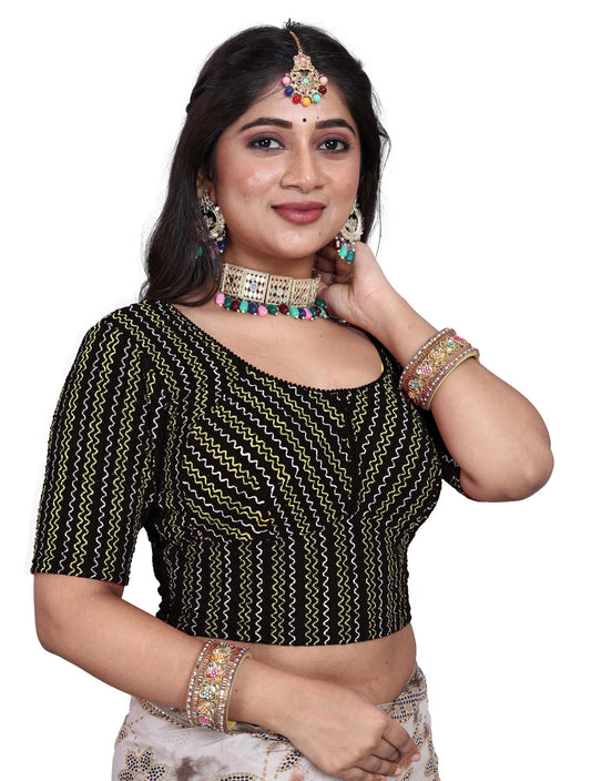 Saree Blouse with Golden Stone Work – Round Neck