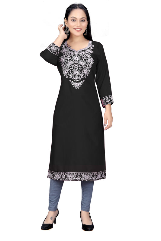 PU Fashion Chikankari Style Embroidered Long Kurti for Women | Elegant Straight Fit for Office & Festive Wear