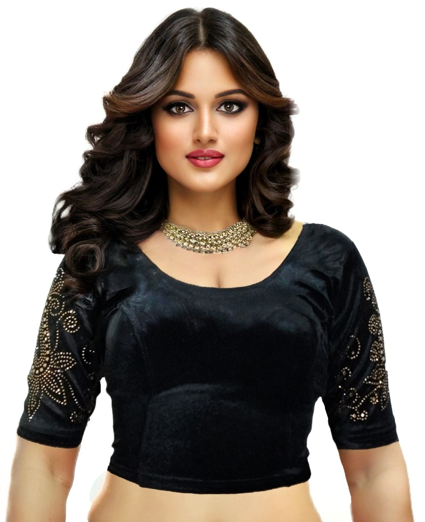 PU Fashion Women's Fancy Velvet Blouse with Stone Work | Stylish Readymade Saree Blouse for Party & Wedding
