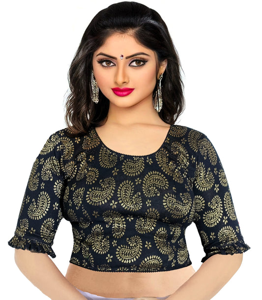 Stretchable Lycra Blouse with Golden Print – Breathable & Comfortable | PU Fashion