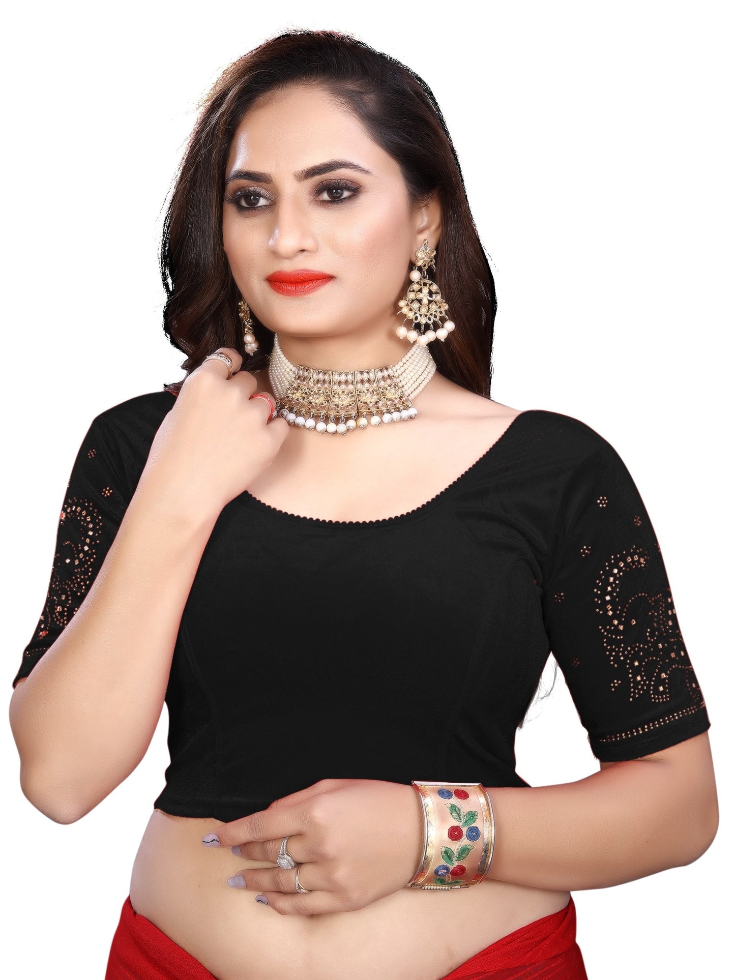 PU Fashion Fancy Velvet Blouse with Peacock and Floral Design | Readymade Saree Blouse for Women