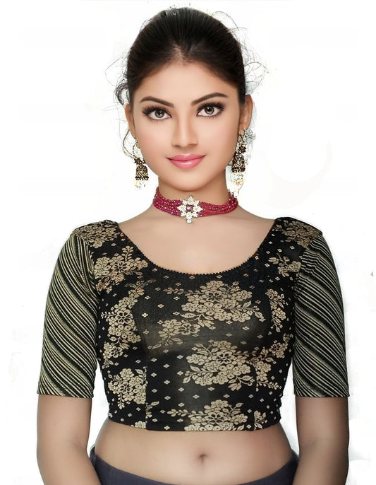 PU Fashion Jacquard Stretchable Saree Blouse – Floral Round Neck Short Sleeve Design