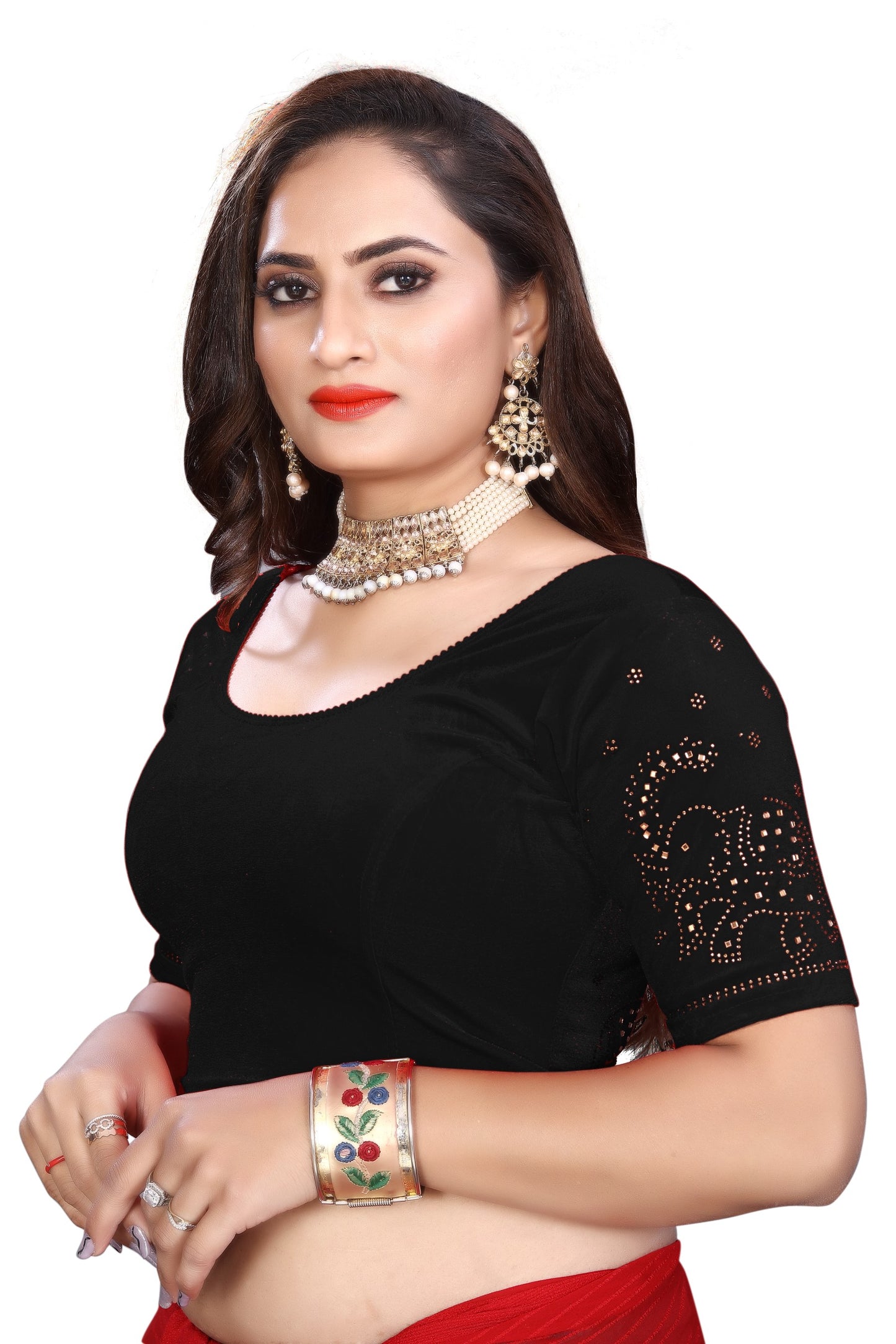 PU Fashion Fancy Velvet Blouse with Peacock and Floral Design | Readymade Saree Blouse for Women