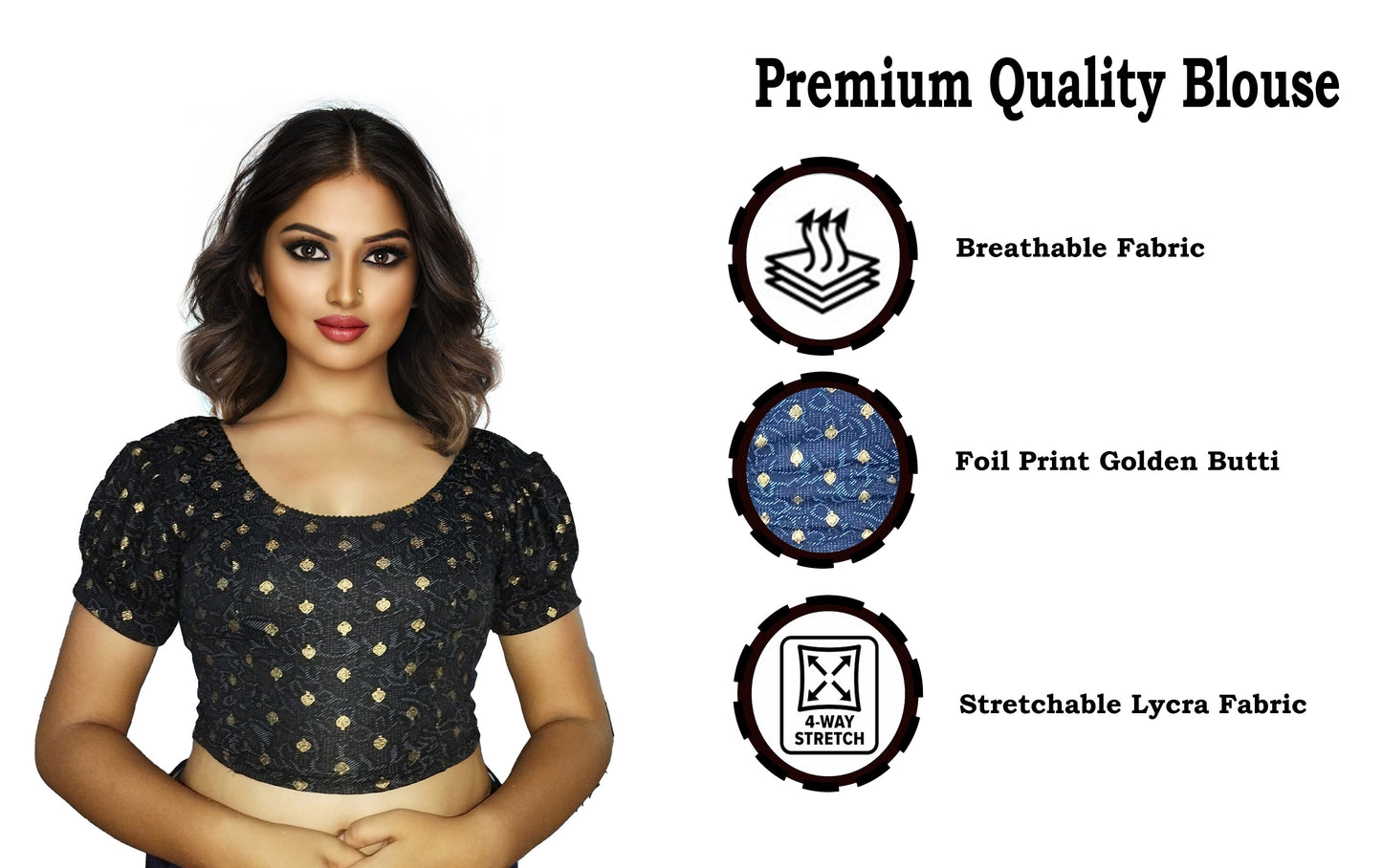 PU Fashion Lycra Blouse with Golden Foil Print – Readymade Puff Sleeve Saree Blouse