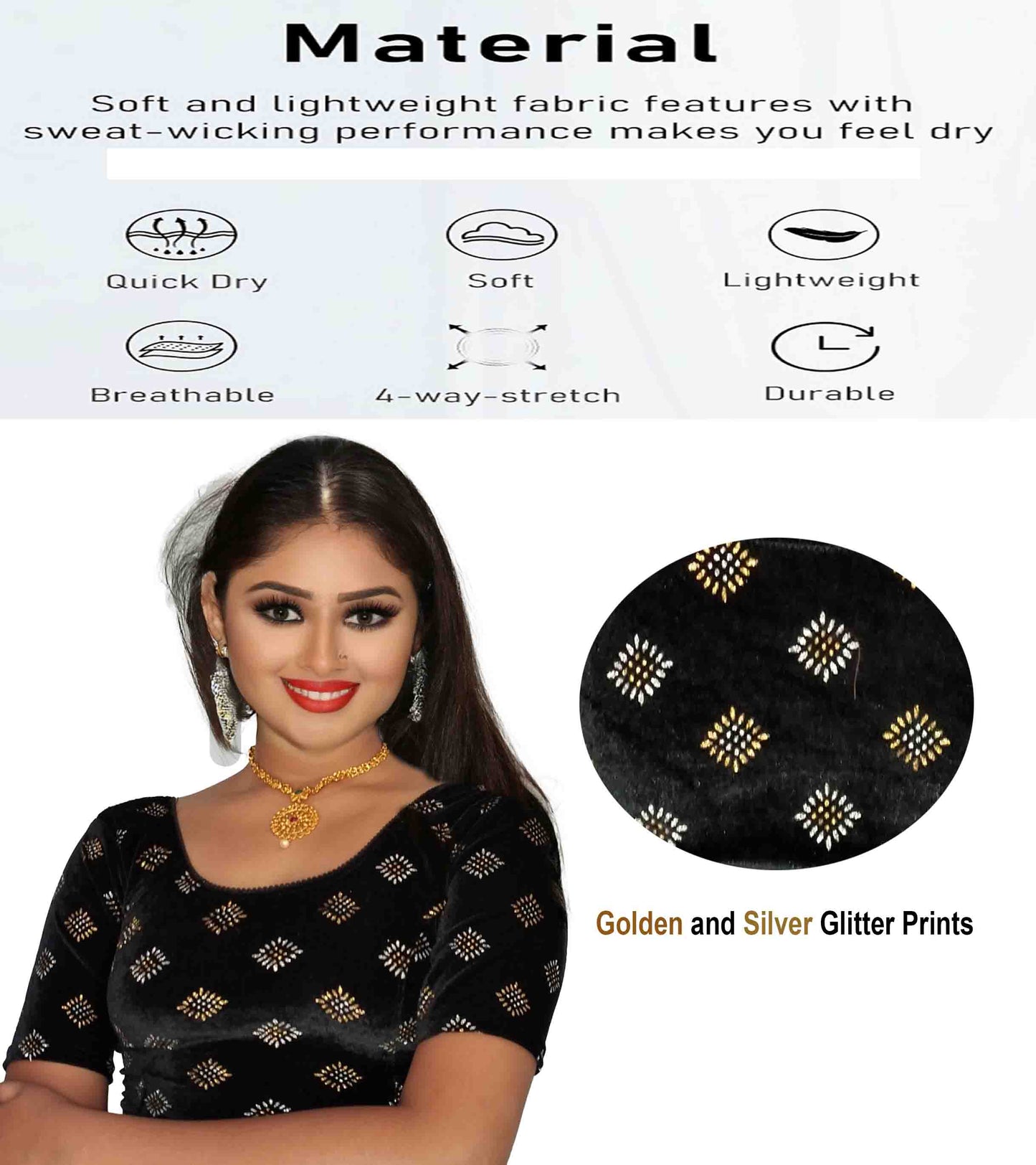 PU Fashion Stretchable Velvet Sequin Blouse for Saree, Lehenga, and Party Wear