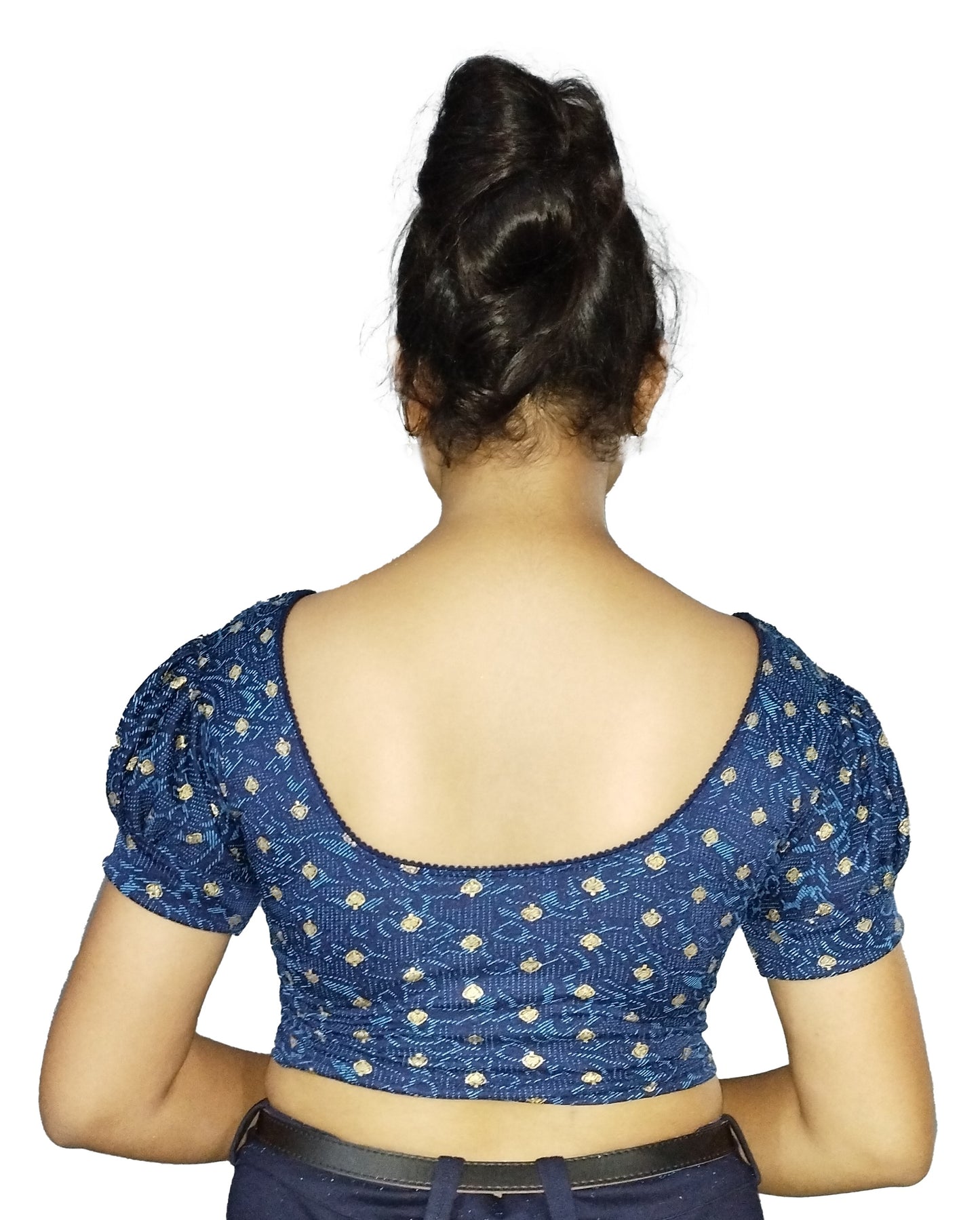 PU Fashion Lycra Blouse with Golden Foil Print – Readymade Puff Sleeve Saree Blouse