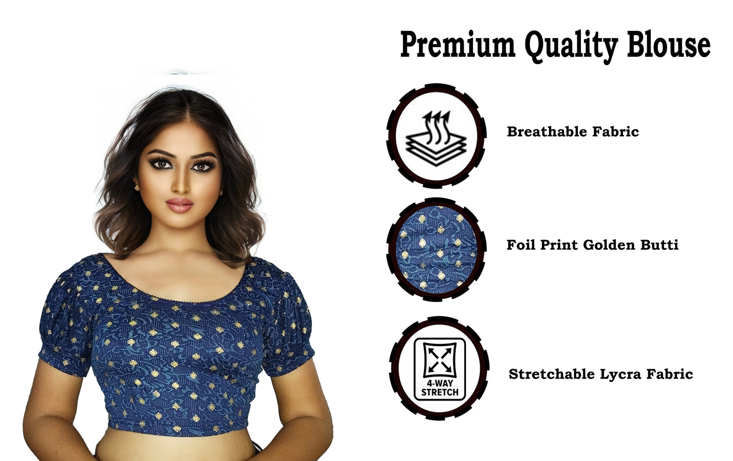 PU Fashion Lycra Blouse with Golden Foil Print – Readymade Puff Sleeve Saree Blouse