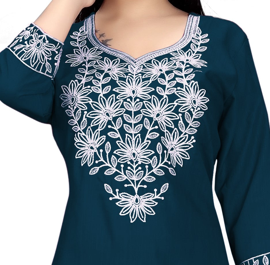 PU Fashion Chikankari Style Embroidered Long Kurti for Women | Elegant Straight Fit for Office & Festive Wear