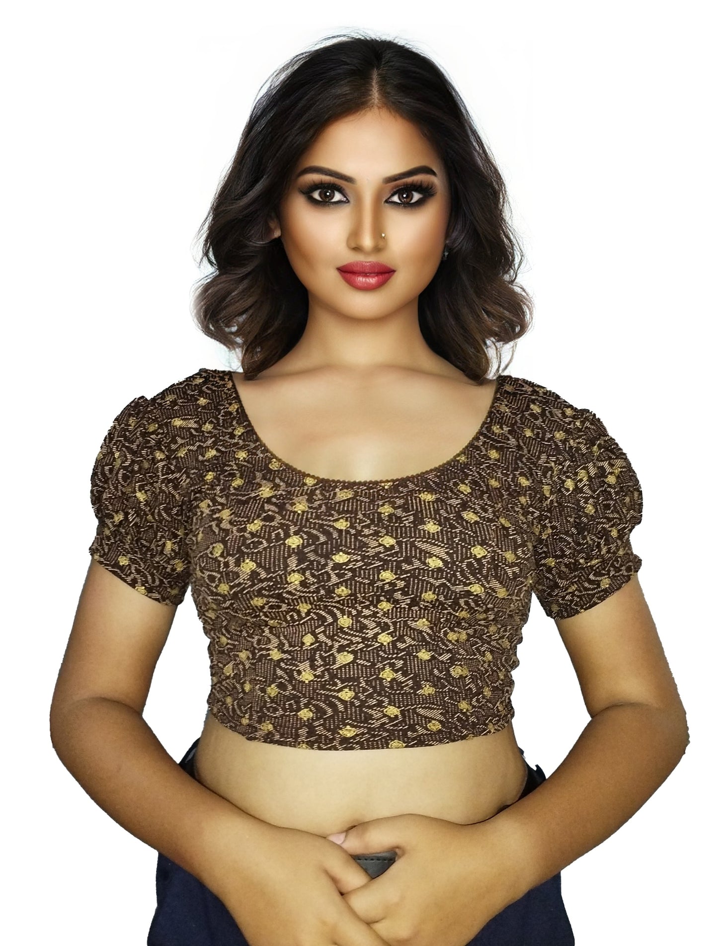 PU Fashion Lycra Blouse with Golden Foil Print – Readymade Puff Sleeve Saree Blouse