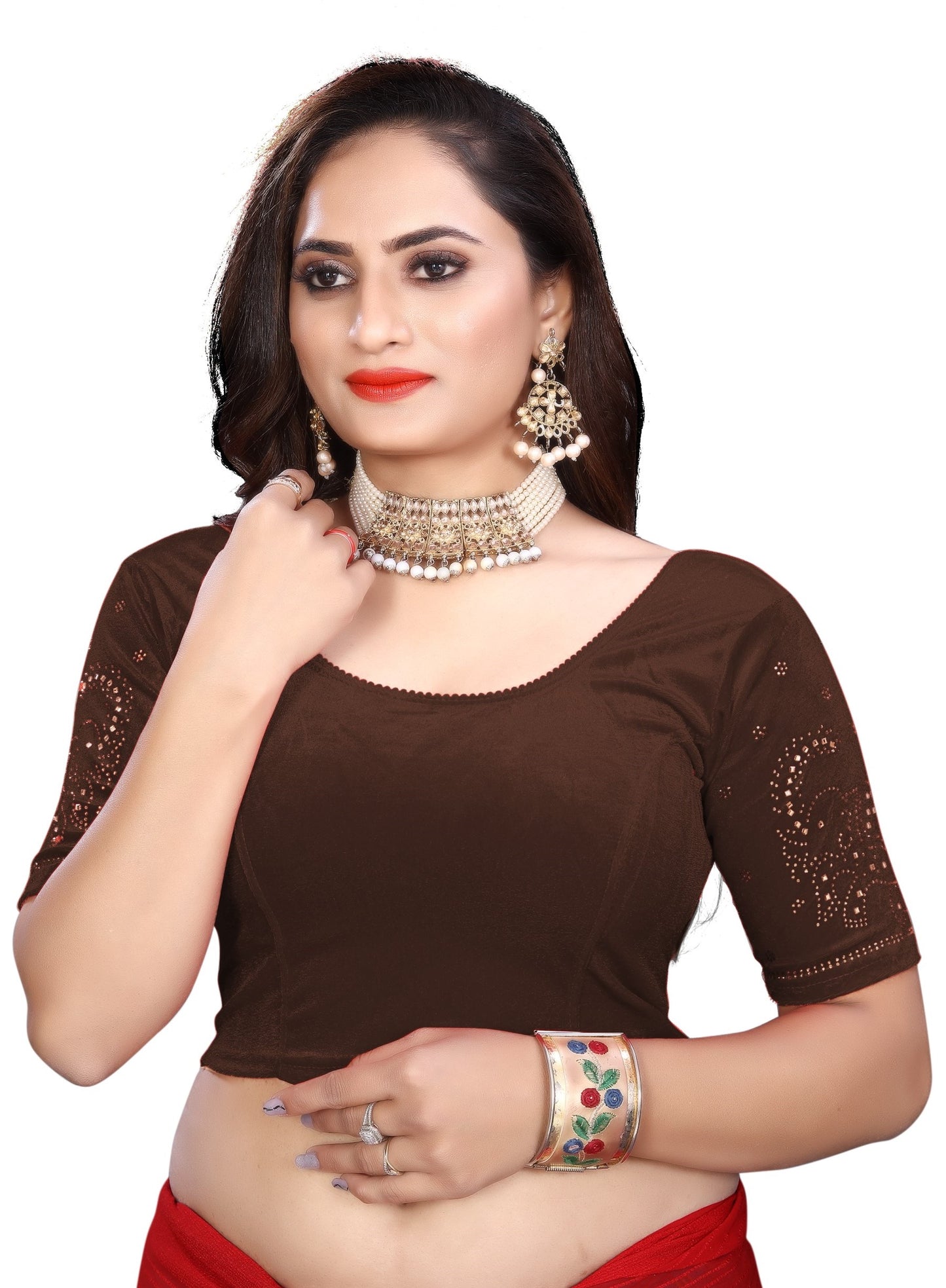 PU Fashion Fancy Velvet Blouse with Peacock and Floral Design | Readymade Saree Blouse for Women