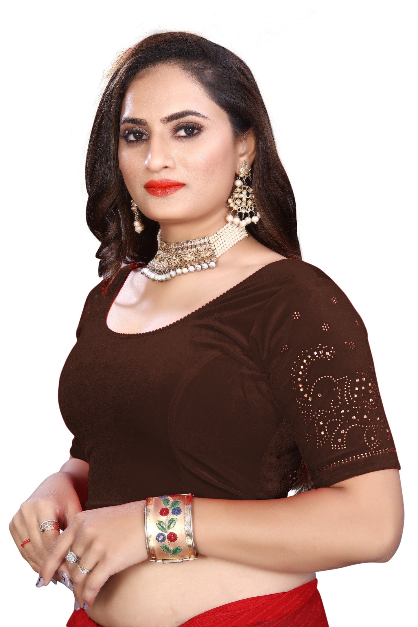 PU Fashion Fancy Velvet Blouse with Peacock and Floral Design | Readymade Saree Blouse for Women