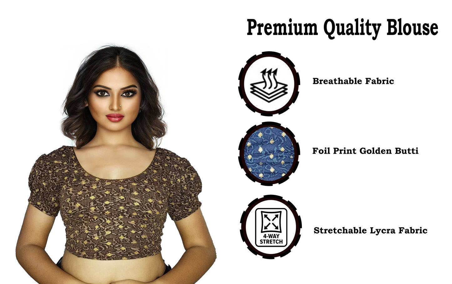 PU Fashion Lycra Blouse with Golden Foil Print – Readymade Puff Sleeve Saree Blouse