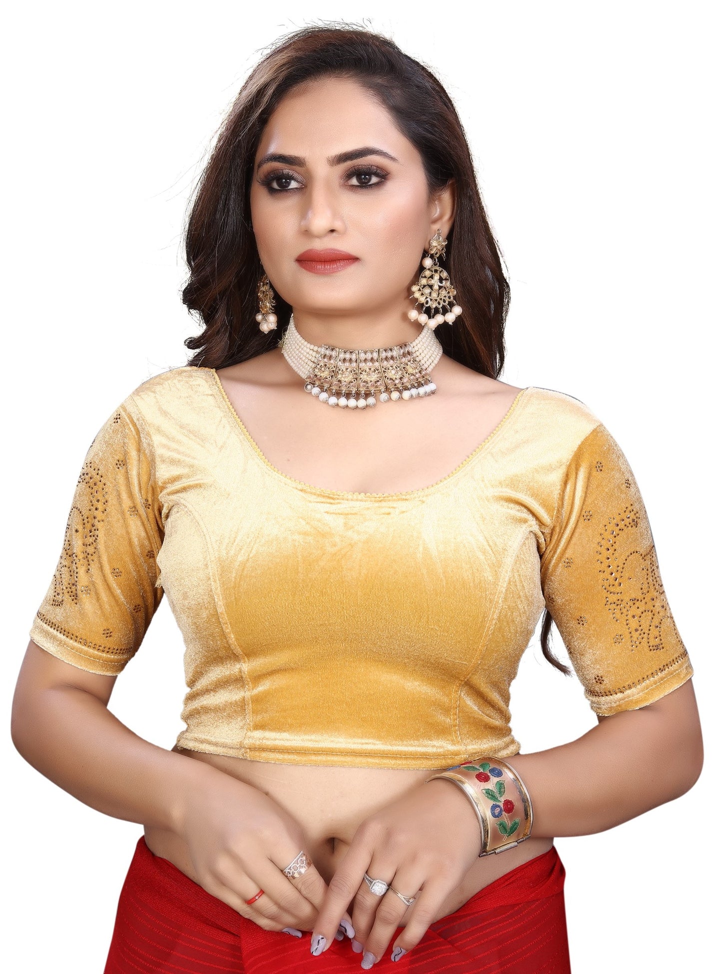 PU Fashion Fancy Velvet Blouse with Peacock and Floral Design | Readymade Saree Blouse for Women