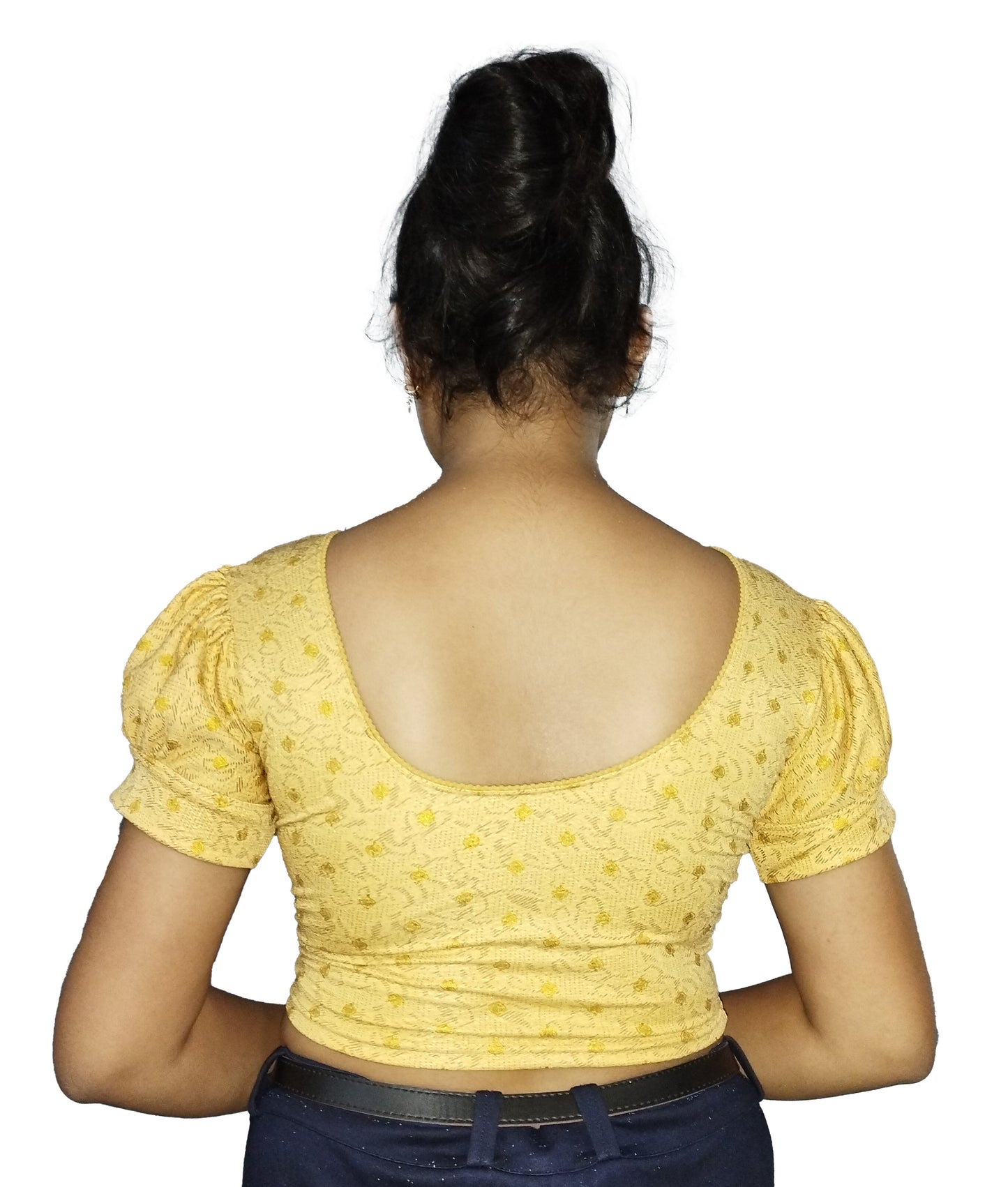 PU Fashion Lycra Blouse with Golden Foil Print – Readymade Puff Sleeve Saree Blouse