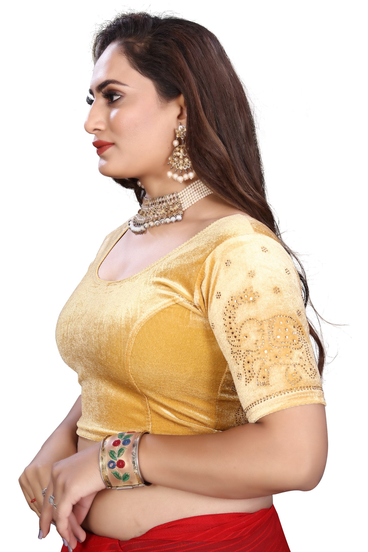 PU Fashion Fancy Velvet Blouse with Peacock and Floral Design | Readymade Saree Blouse for Women