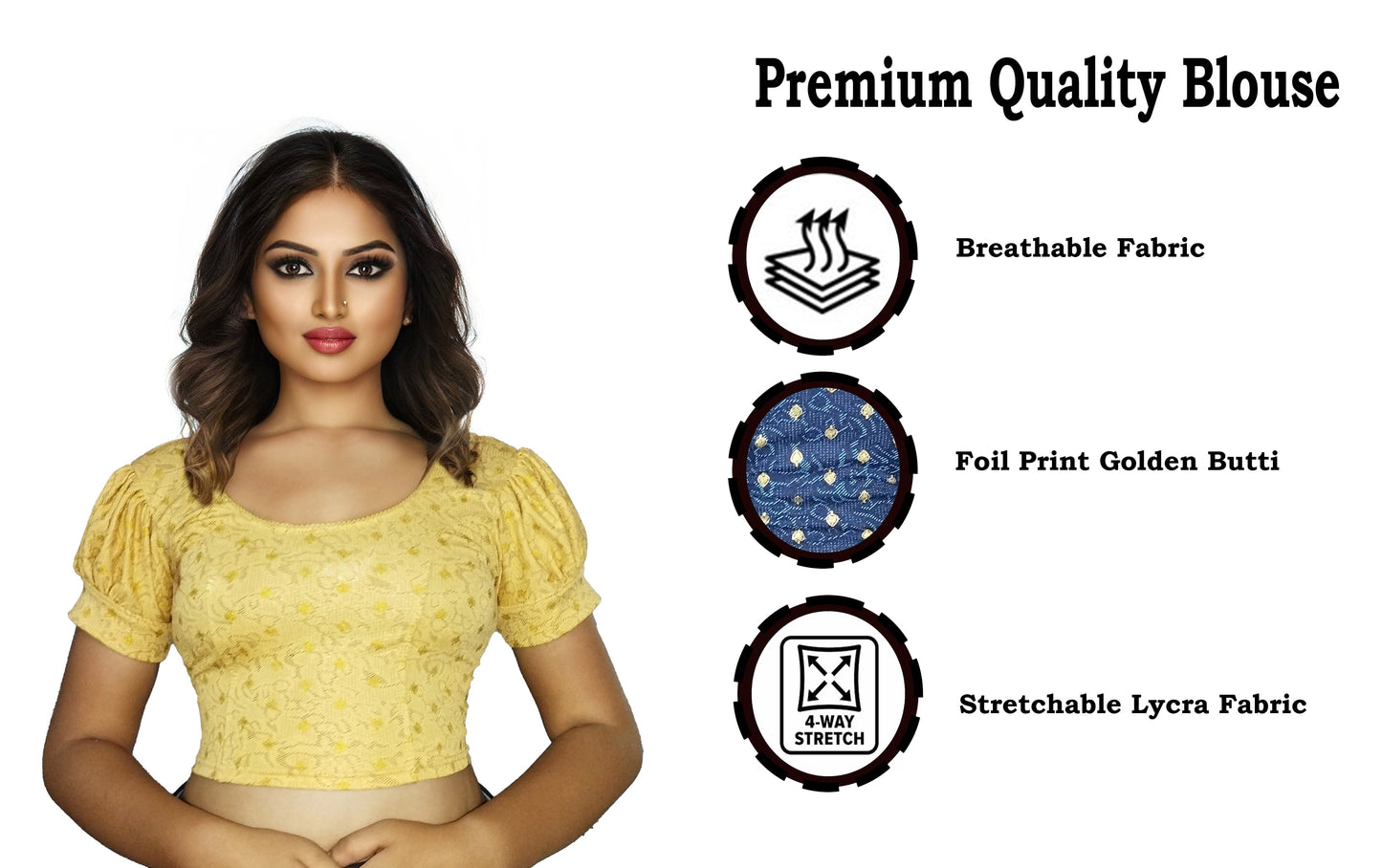 PU Fashion Lycra Blouse with Golden Foil Print – Readymade Puff Sleeve Saree Blouse