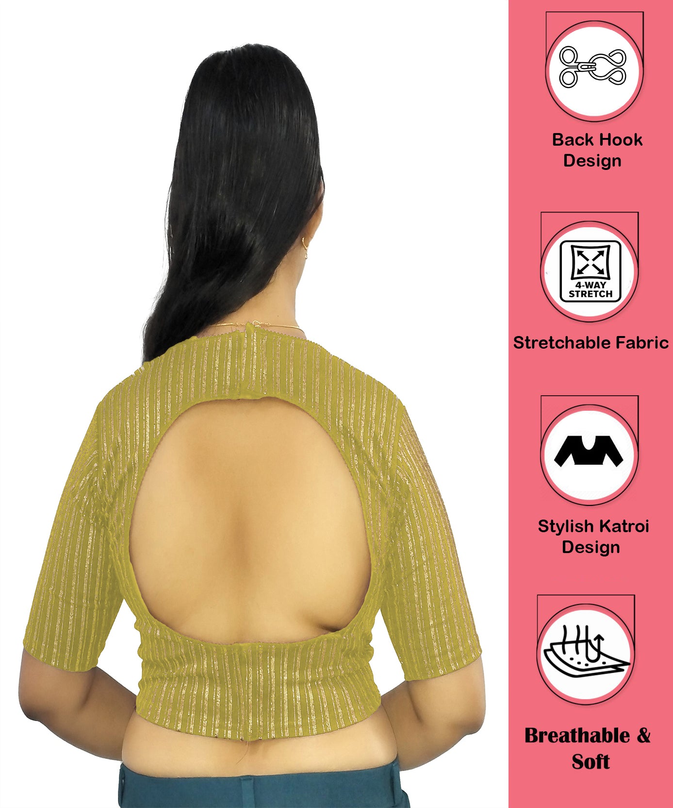 PU Fashion Jacquard Stretchable Saree Blouse | Back Hook & Katroi Design