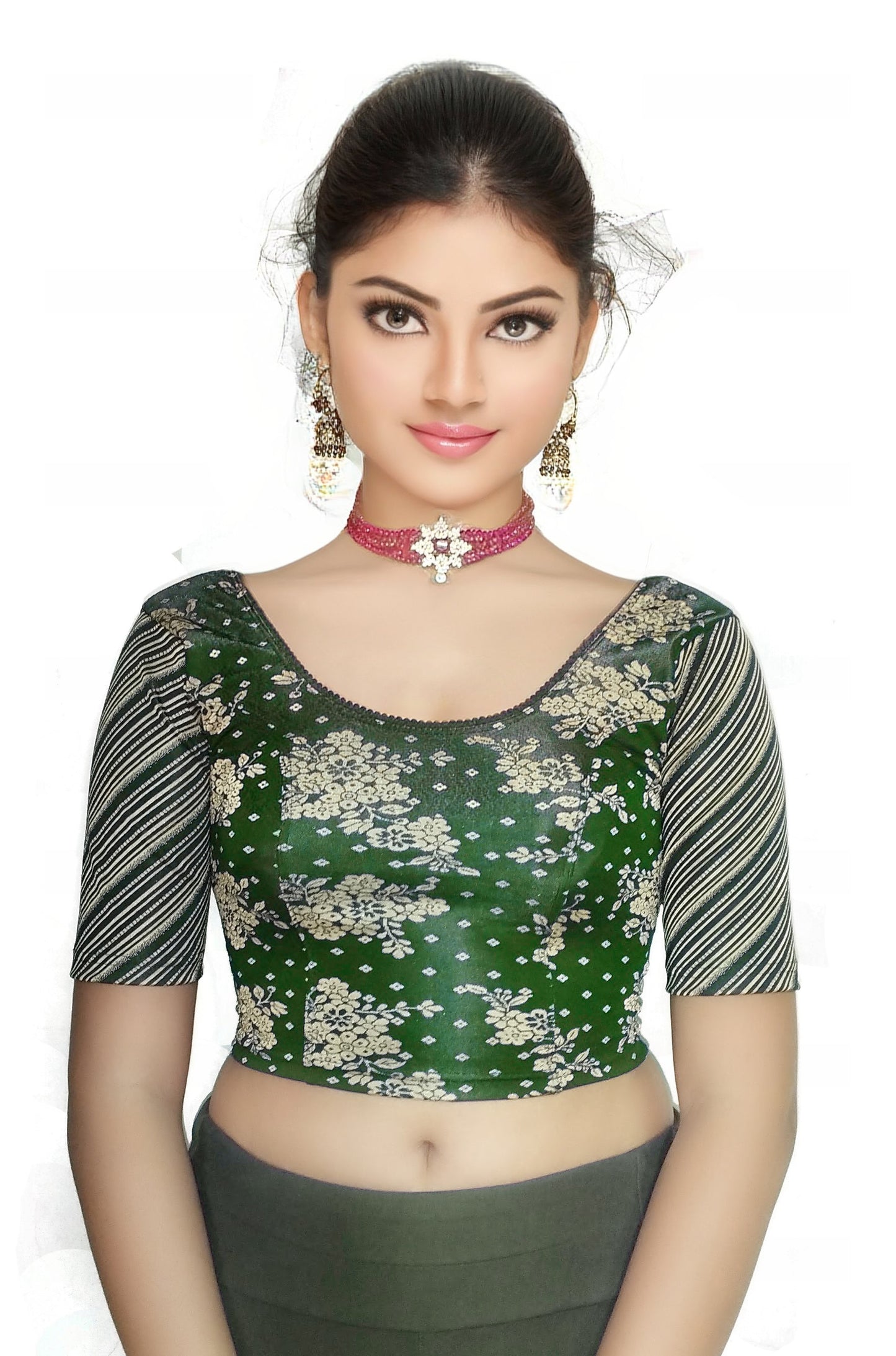 PU Fashion Jacquard Stretchable Saree Blouse – Floral Round Neck Short Sleeve Design