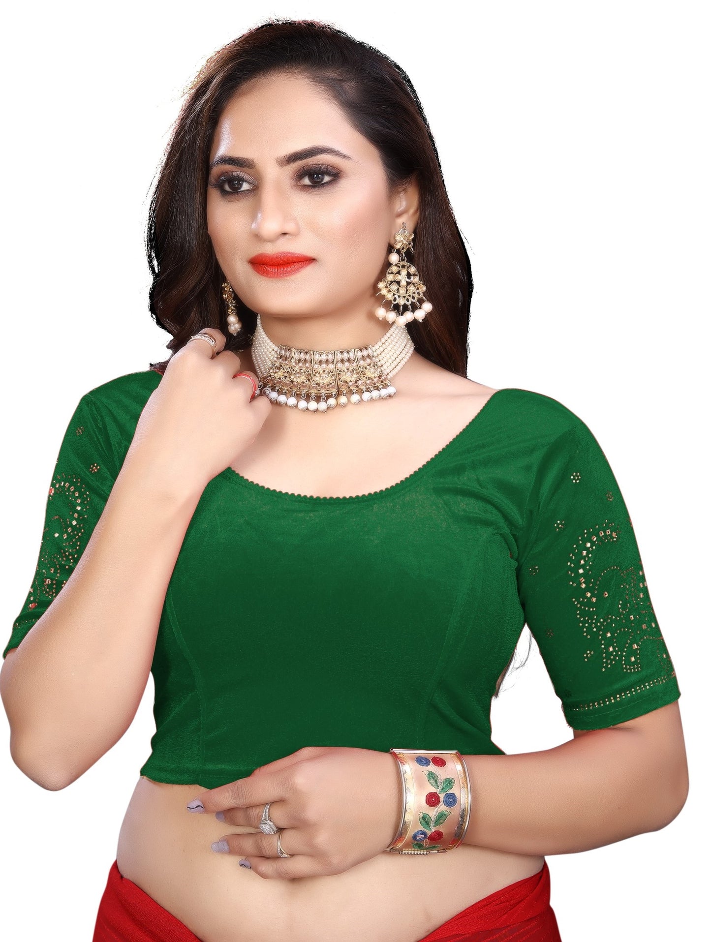 PU Fashion Fancy Velvet Blouse with Peacock and Floral Design | Readymade Saree Blouse for Women