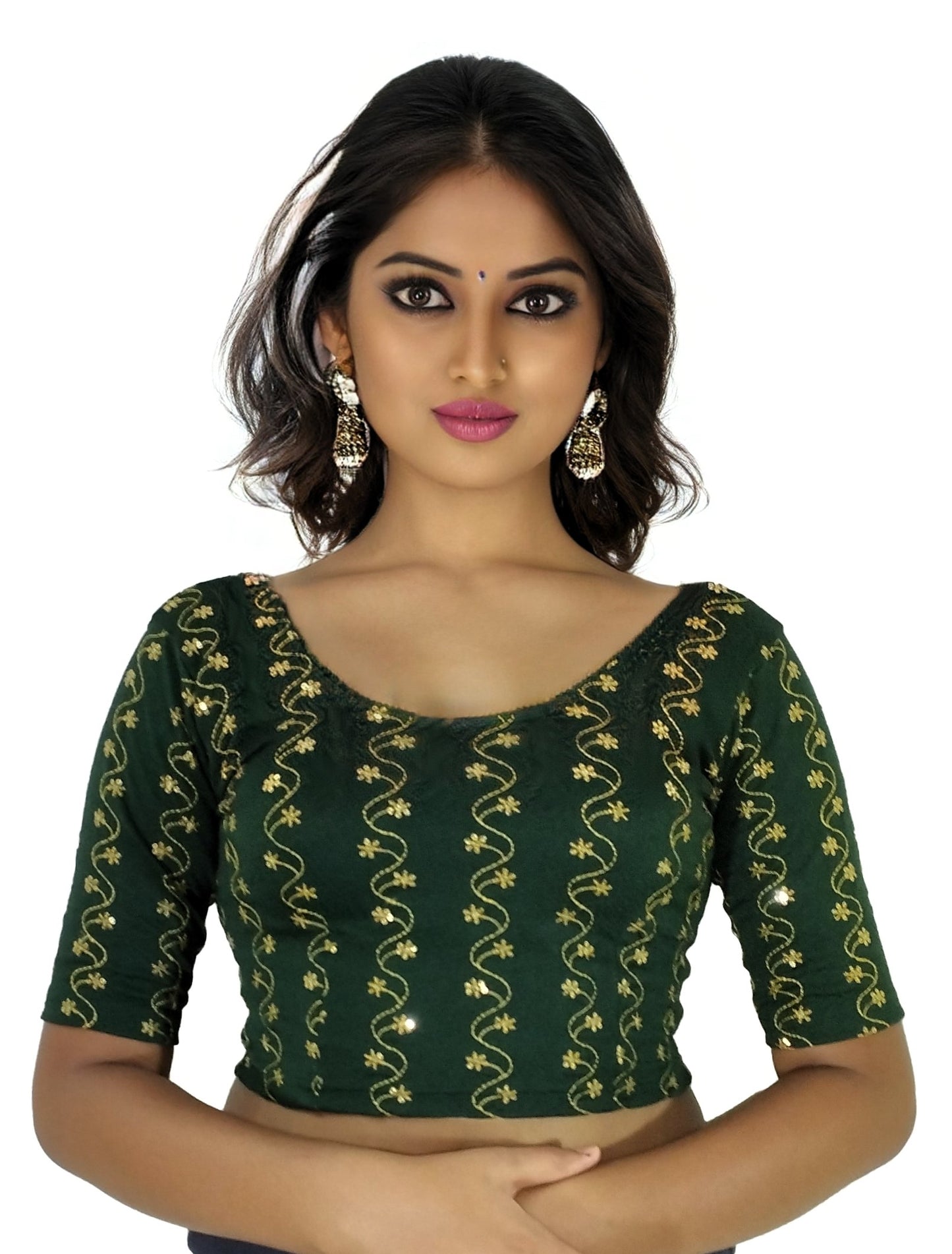PU Fashion Wine Color Stretchable Embroidered Readymade Blouse for Women