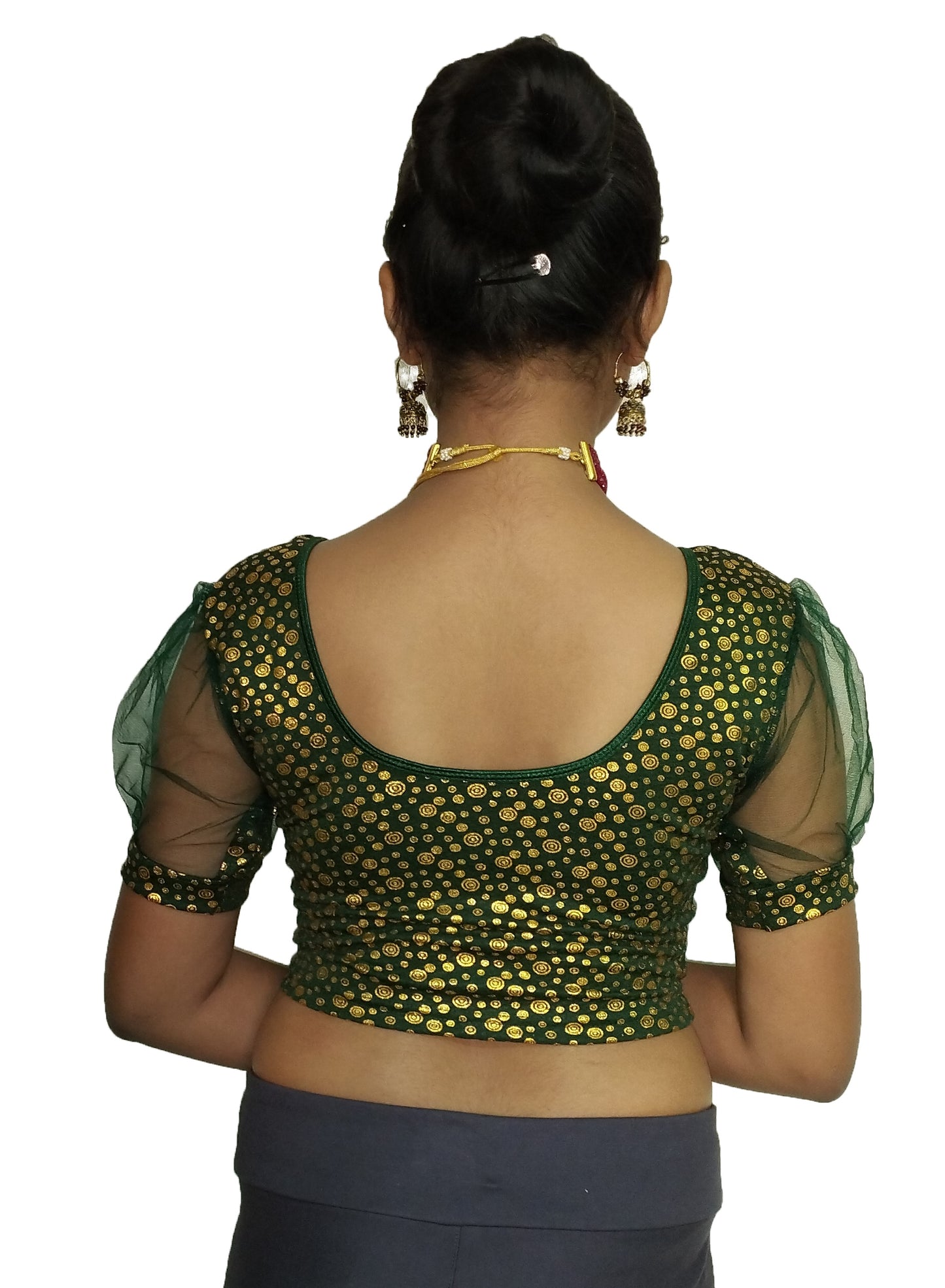 PU Fashion Golden Foil Printed Stretchable Blouse β Readymade Puff Sleeve Saree Blouse