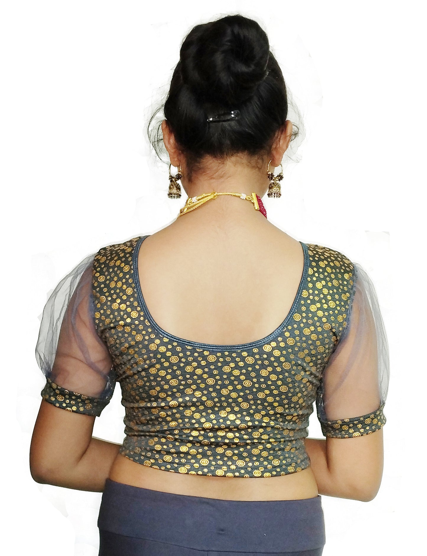 PU Fashion Golden Foil Printed Stretchable Blouse β Readymade Puff Sleeve Saree Blouse