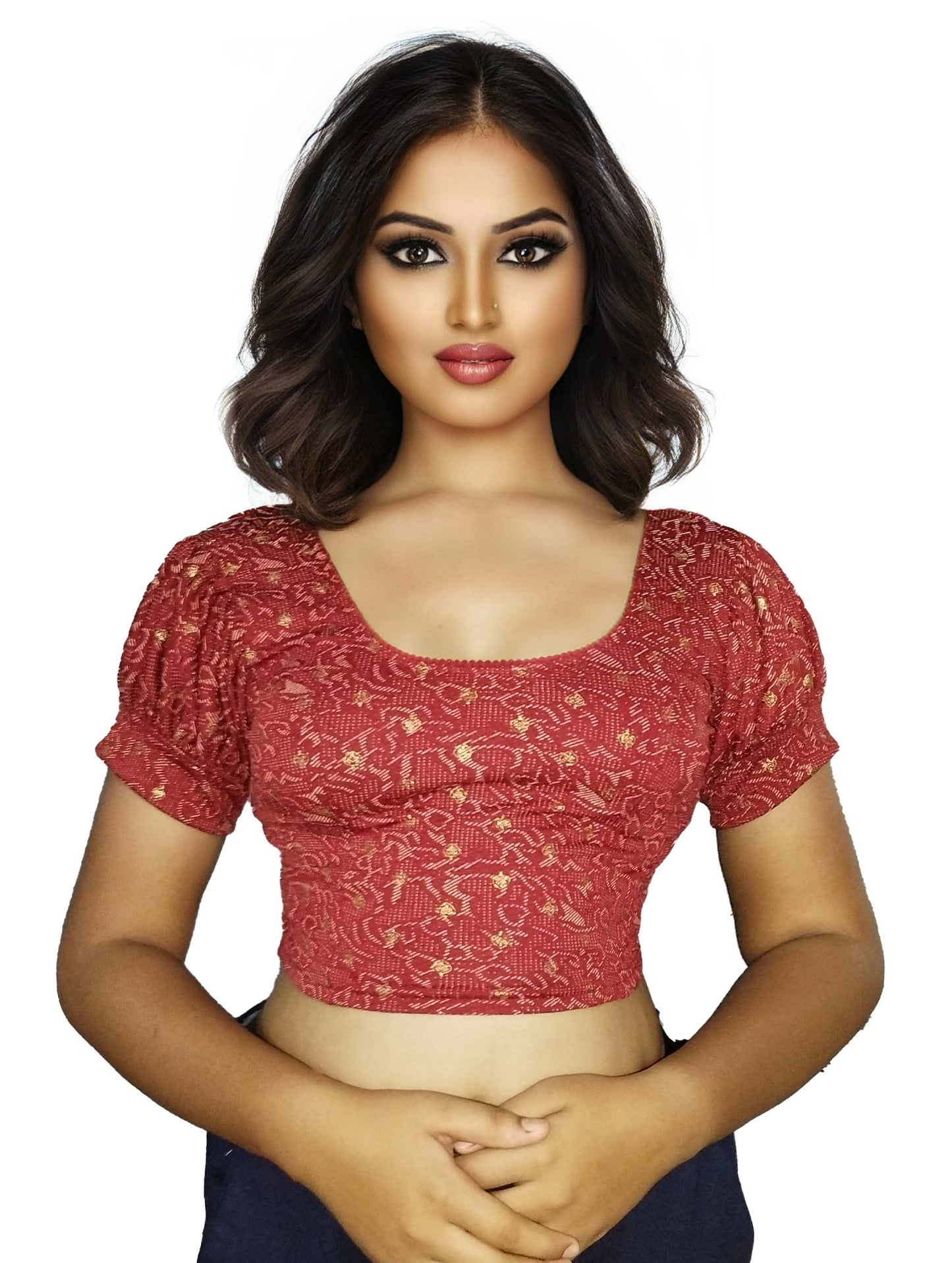 PU Fashion Lycra Blouse with Golden Foil Print – Readymade Puff Sleeve Saree Blouse