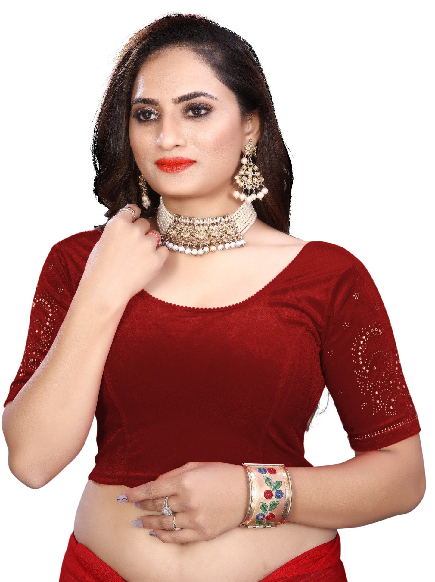 PU Fashion Fancy Velvet Blouse with Peacock and Floral Design | Readymade Saree Blouse for Women