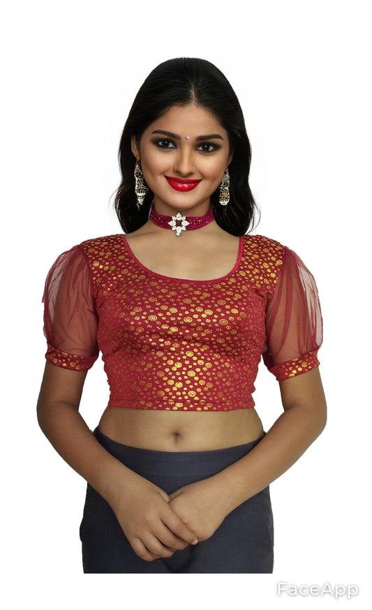 PU Fashion Golden Foil Printed Stretchable Blouse β Readymade Puff Sleeve Saree Blouse