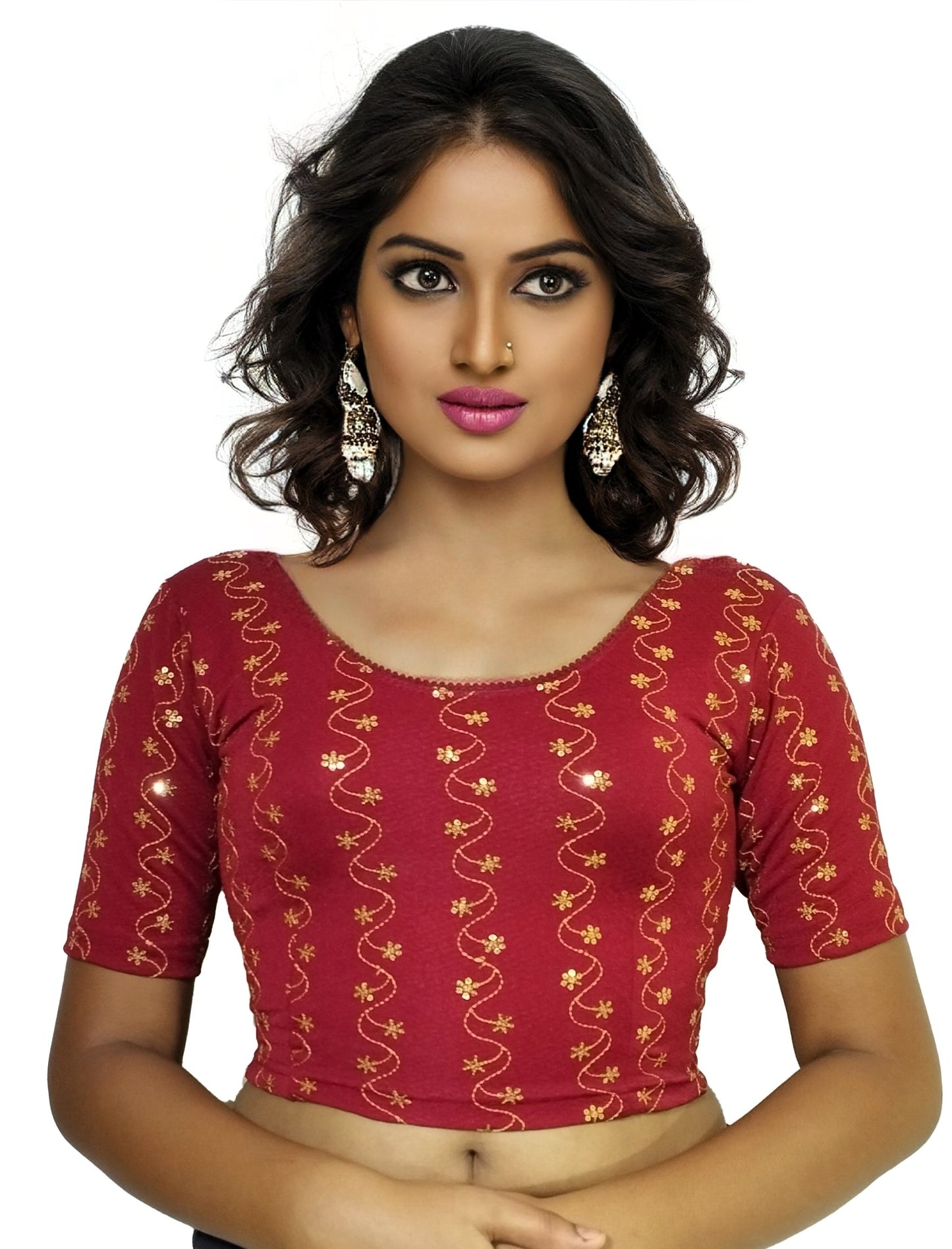 PU Fashion Wine Color Stretchable Embroidered Readymade Blouse for Women