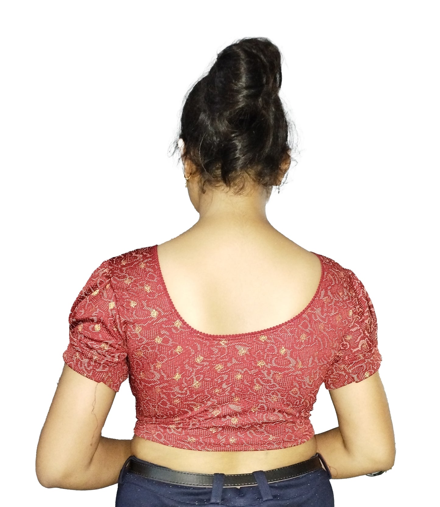 PU Fashion Lycra Blouse with Golden Foil Print – Readymade Puff Sleeve Saree Blouse