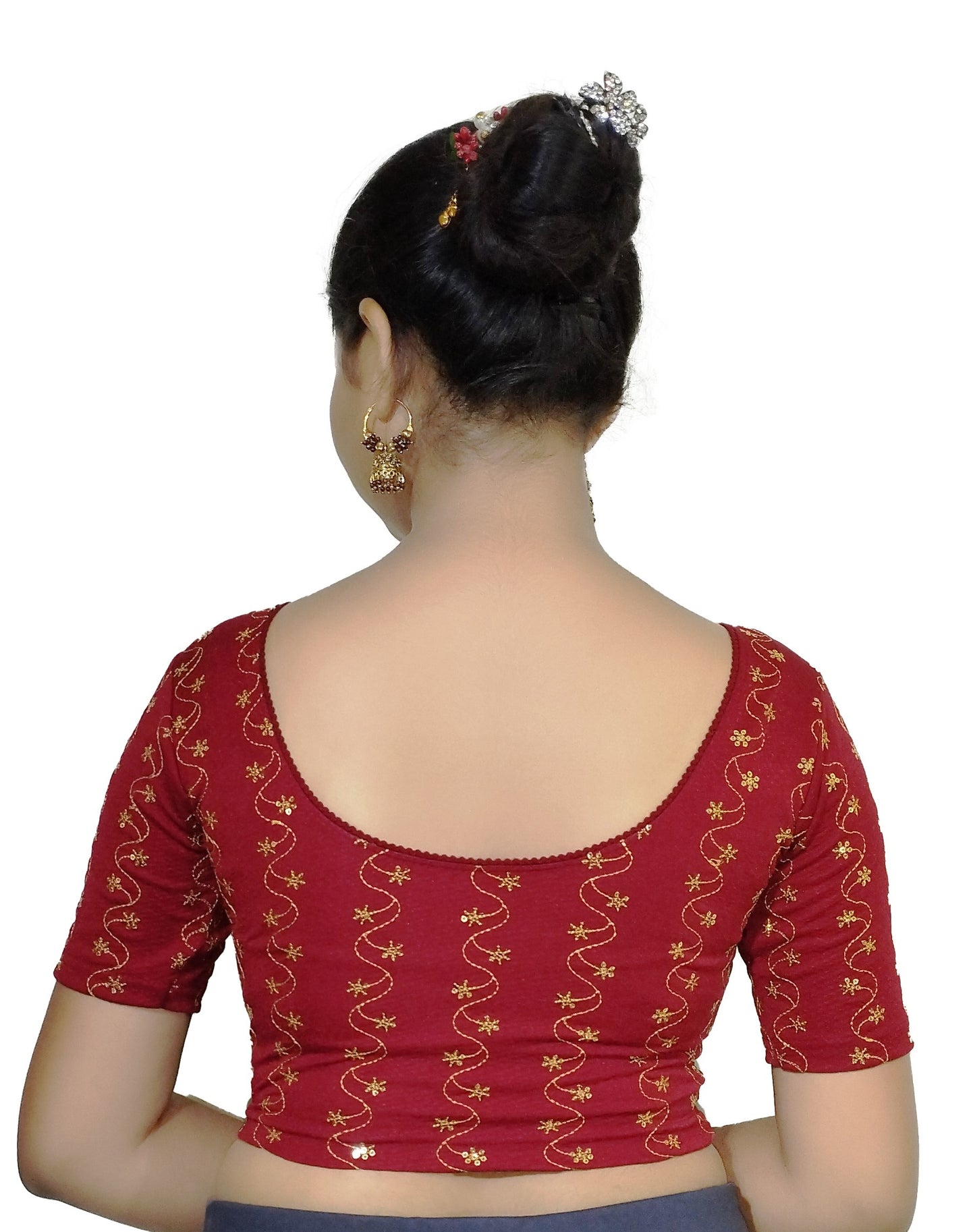 PU Fashion Wine Color Stretchable Embroidered Readymade Blouse for Women