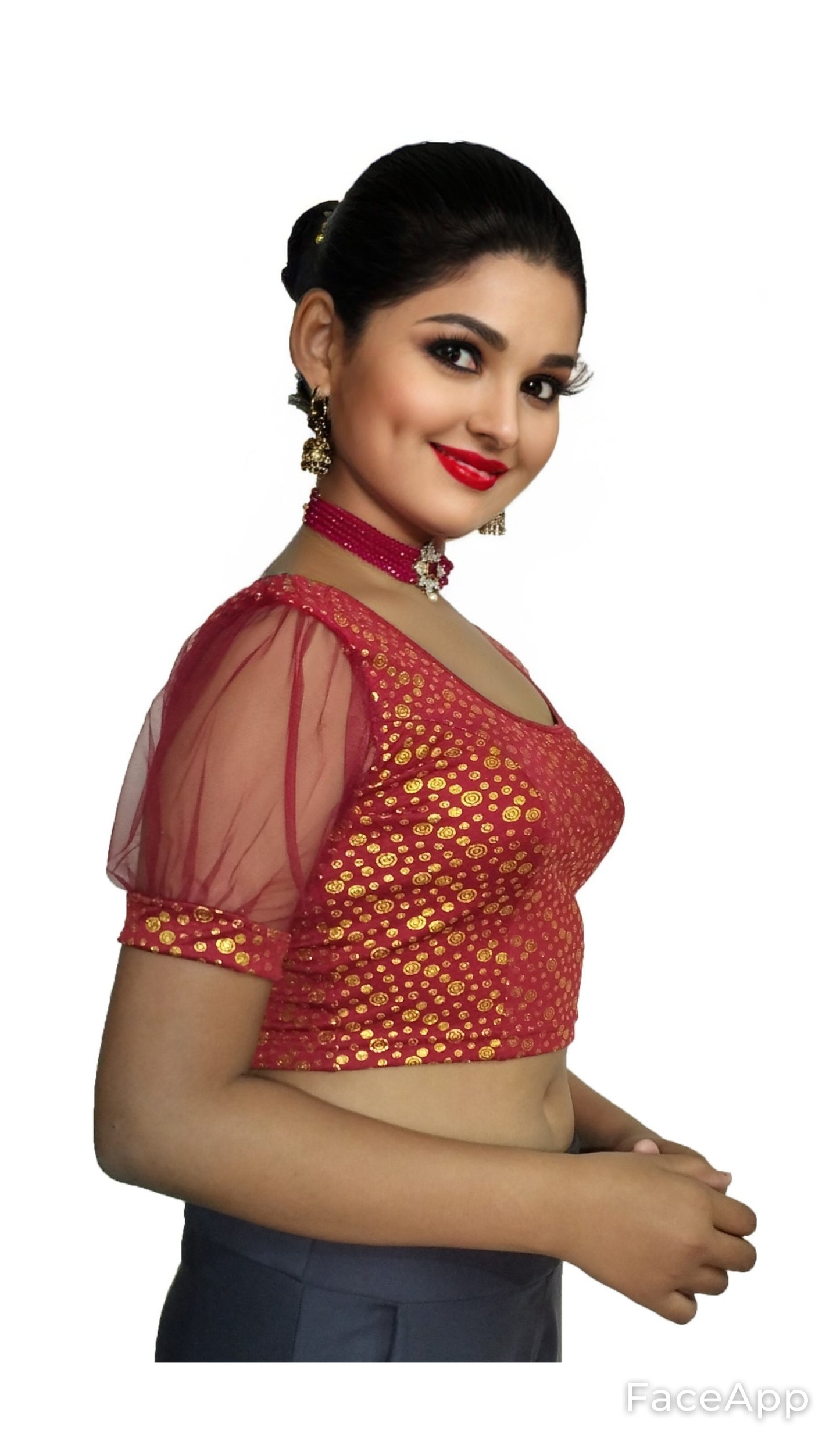 PU Fashion Golden Foil Printed Stretchable Blouse β Readymade Puff Sleeve Saree Blouse