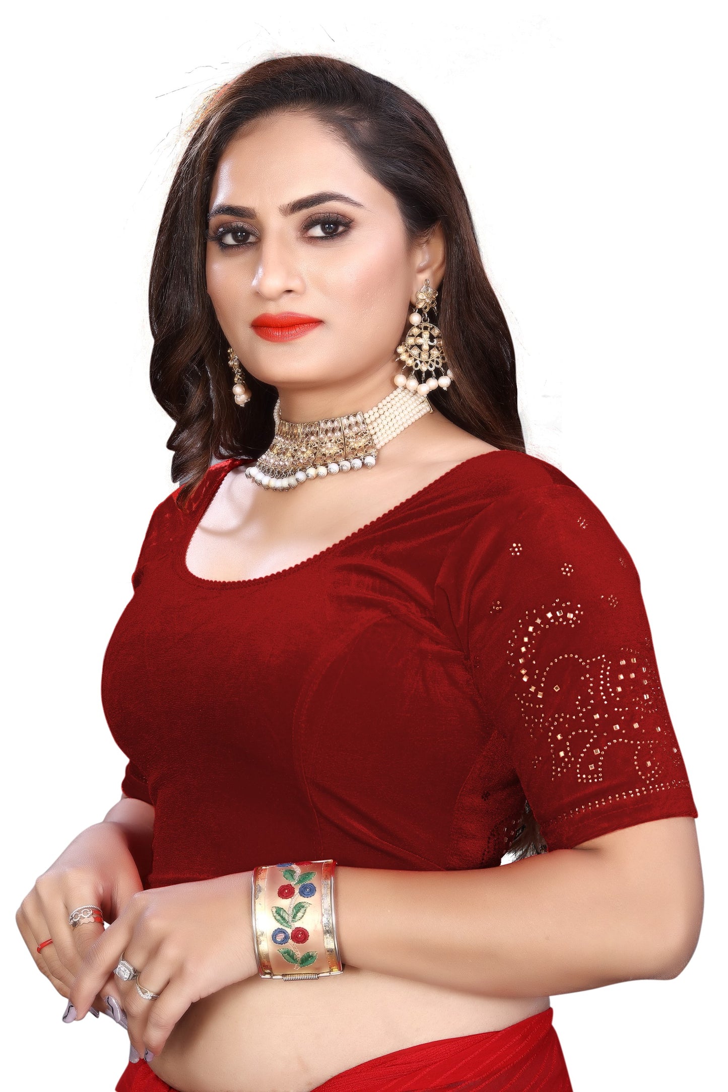 PU Fashion Fancy Velvet Blouse with Peacock and Floral Design | Readymade Saree Blouse for Women