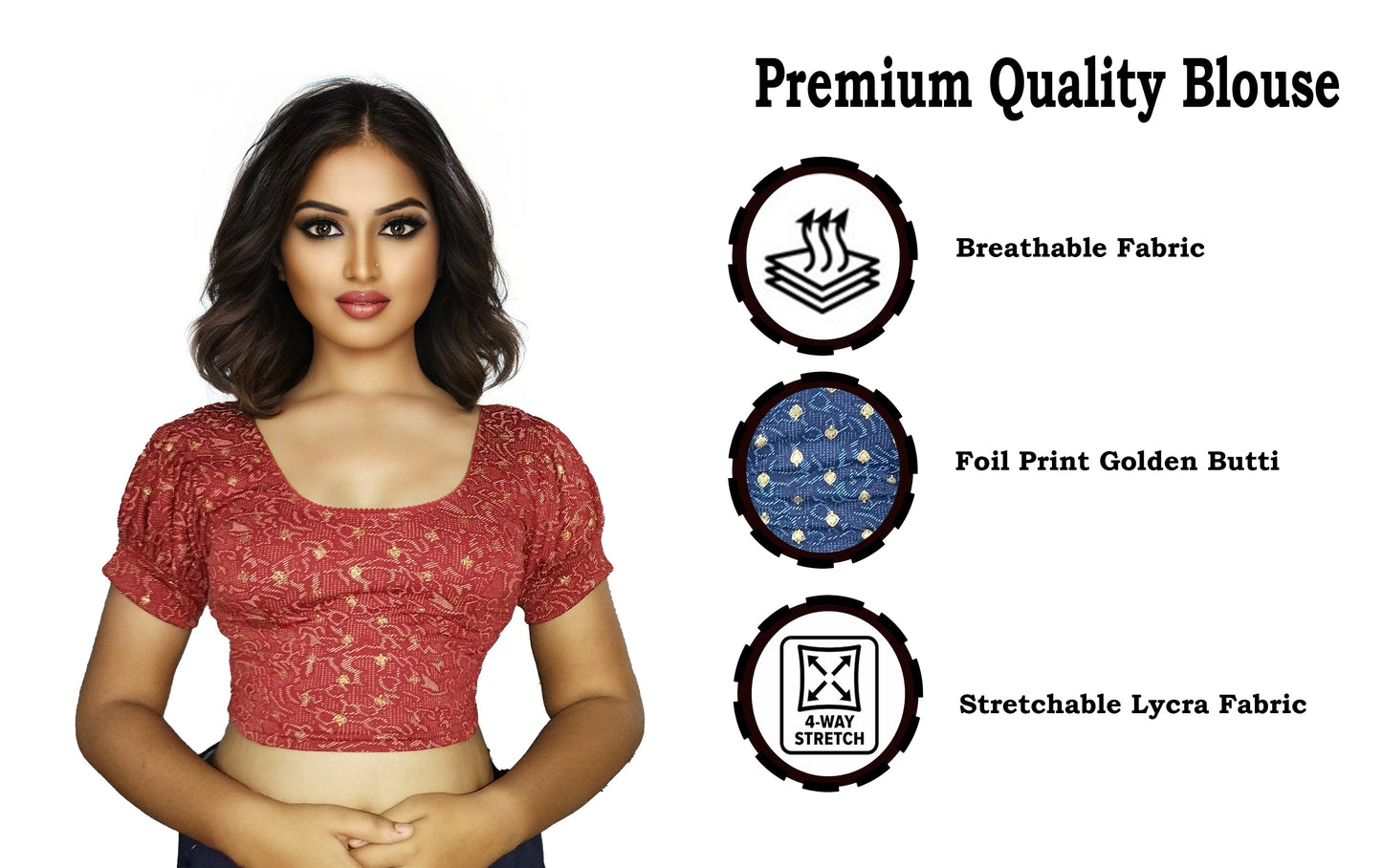 PU Fashion Lycra Blouse with Golden Foil Print – Readymade Puff Sleeve Saree Blouse