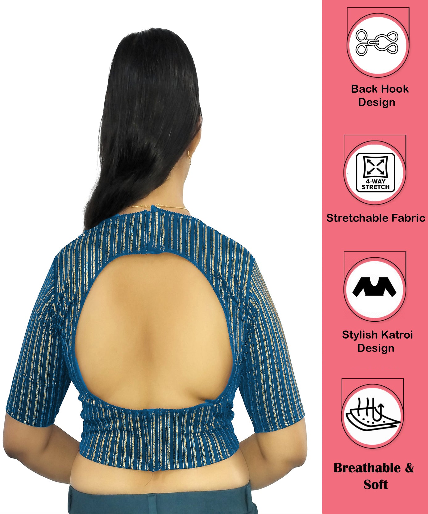 PU Fashion Jacquard Stretchable Saree Blouse | Back Hook & Katroi Design