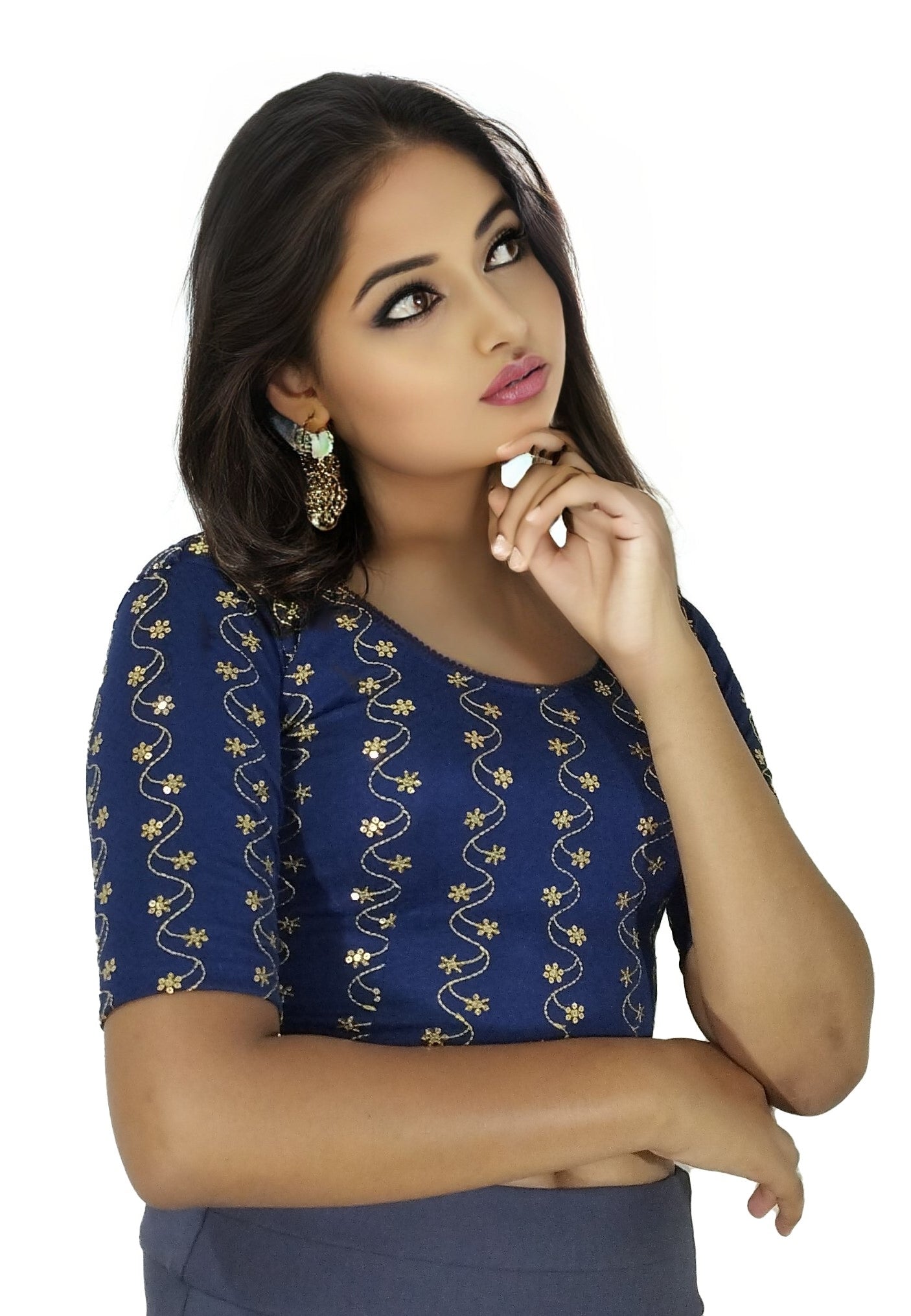 PU Fashion Wine Color Stretchable Embroidered Readymade Blouse for Women