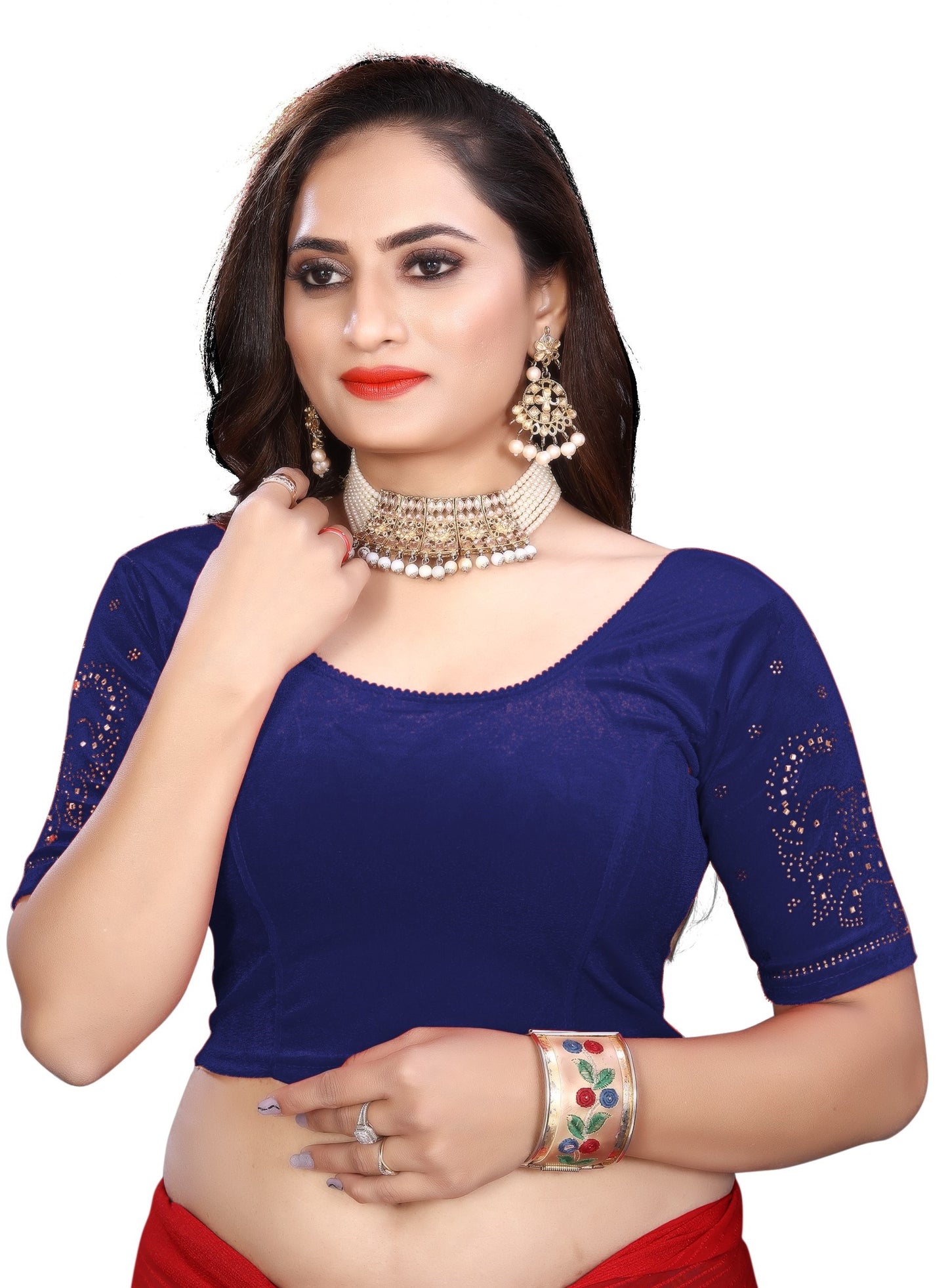 PU Fashion Fancy Velvet Blouse with Peacock and Floral Design | Readymade Saree Blouse for Women