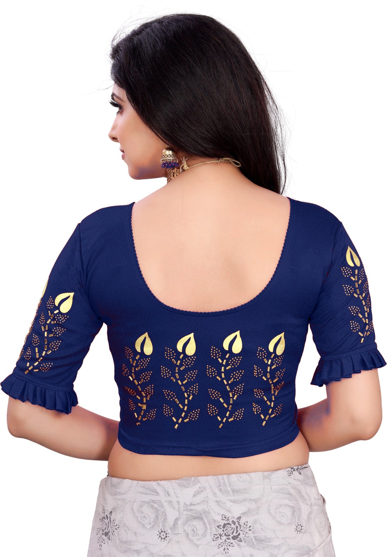 PU Fashion Women's Black Lycra Blouse with Golden Print | Readymade Stretchable Blouse